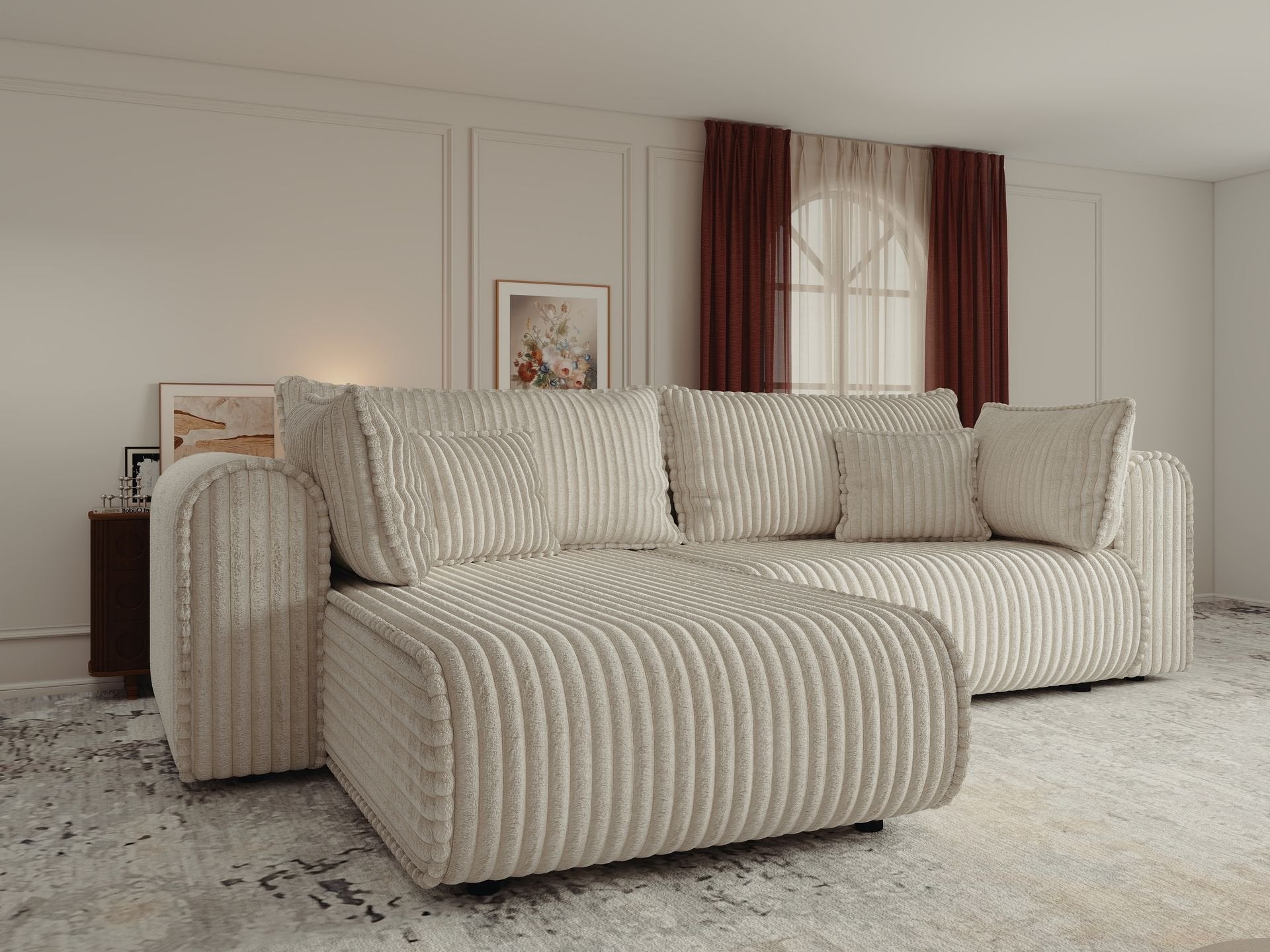 Colțar extensibil dumonde cu ladă de depozitare si sezut confortabil din spuma high-density, Monaco L Tilia Bej 270x100 cm