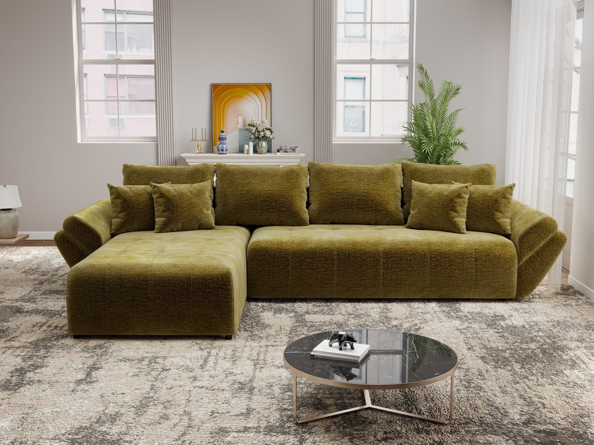 Colțar extensibil dumonde cu ladă de depozitare si sezut confortabil din spuma high-density, Berlin XL Monolith Verde Olive 38 350x185 cm