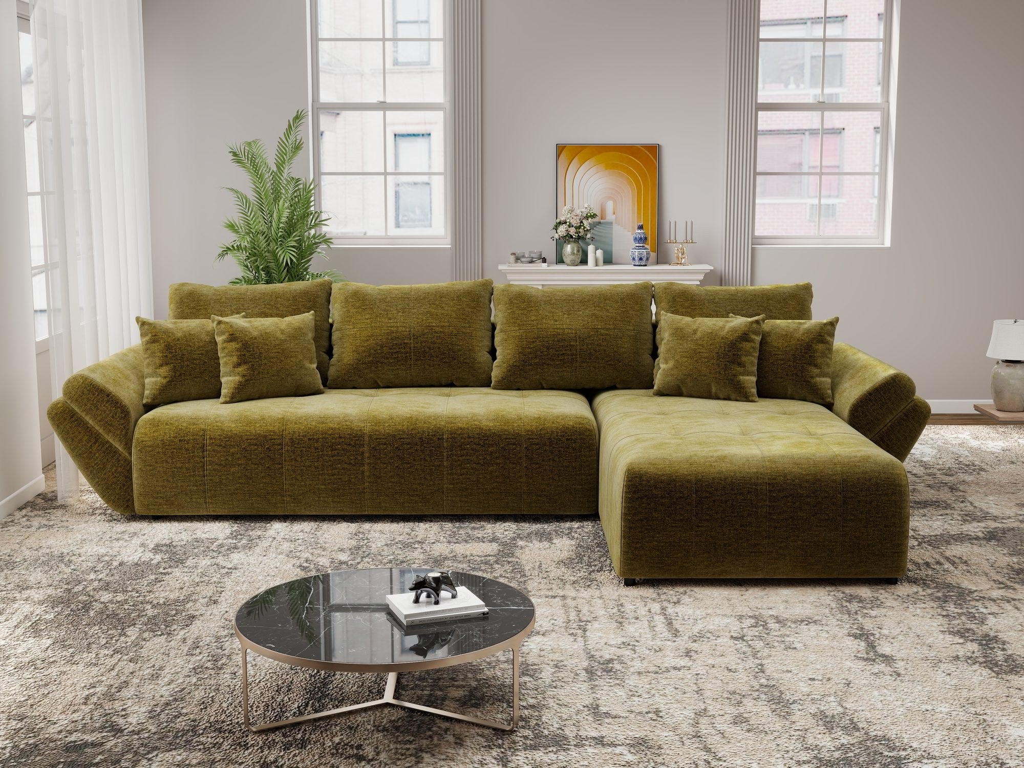 Colțar extensibil dumonde cu ladă de depozitare si sezut confortabil din spuma high-density, Berlin XL Monolith Verde Olive 38 II 350x185 cm