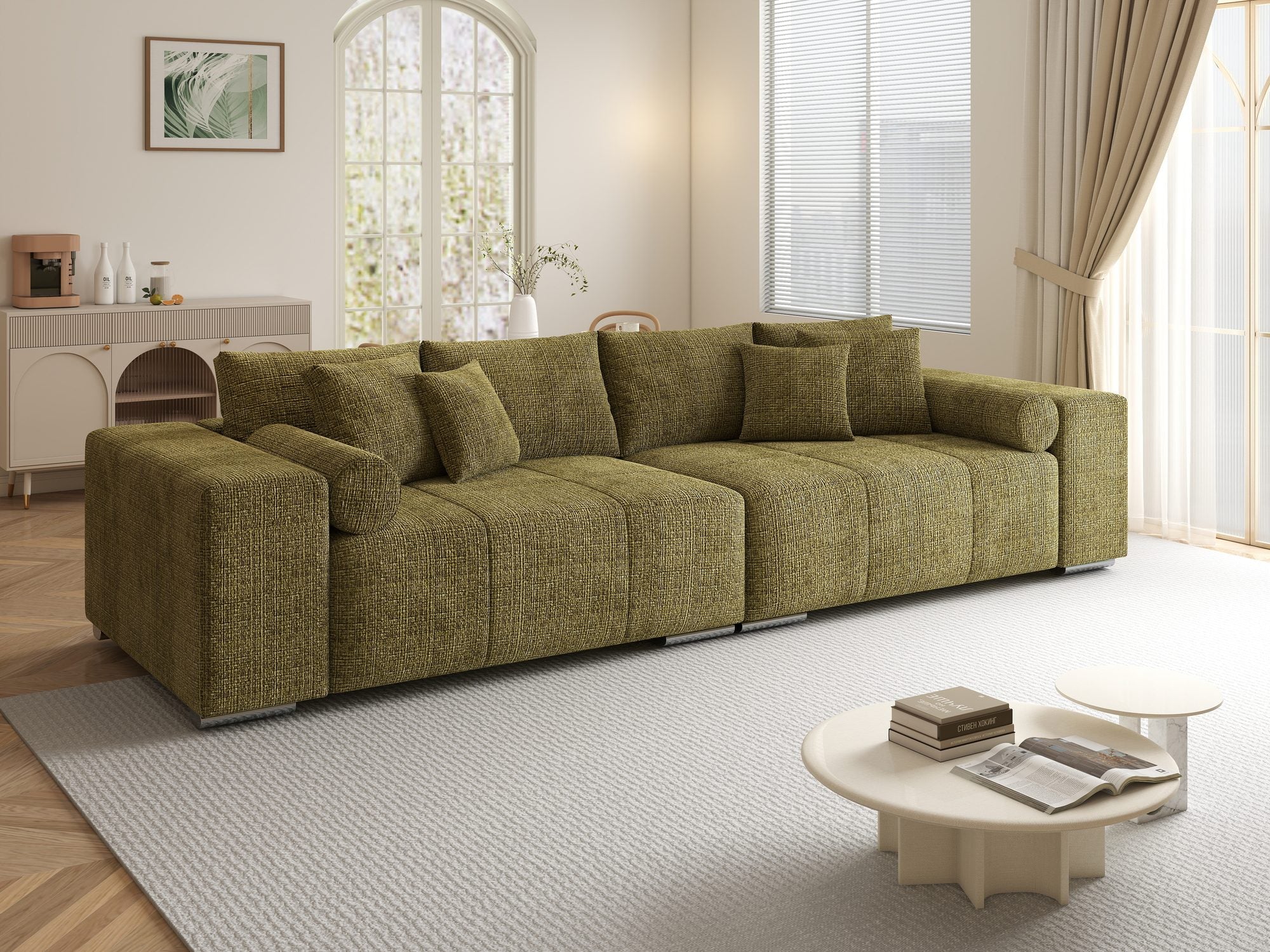 Canapea extensibilă dumonde cu ladă de depozitare si sezut confortabil din spuma high-density, Marbela XXL Cremona Olive 38 290x100 cm