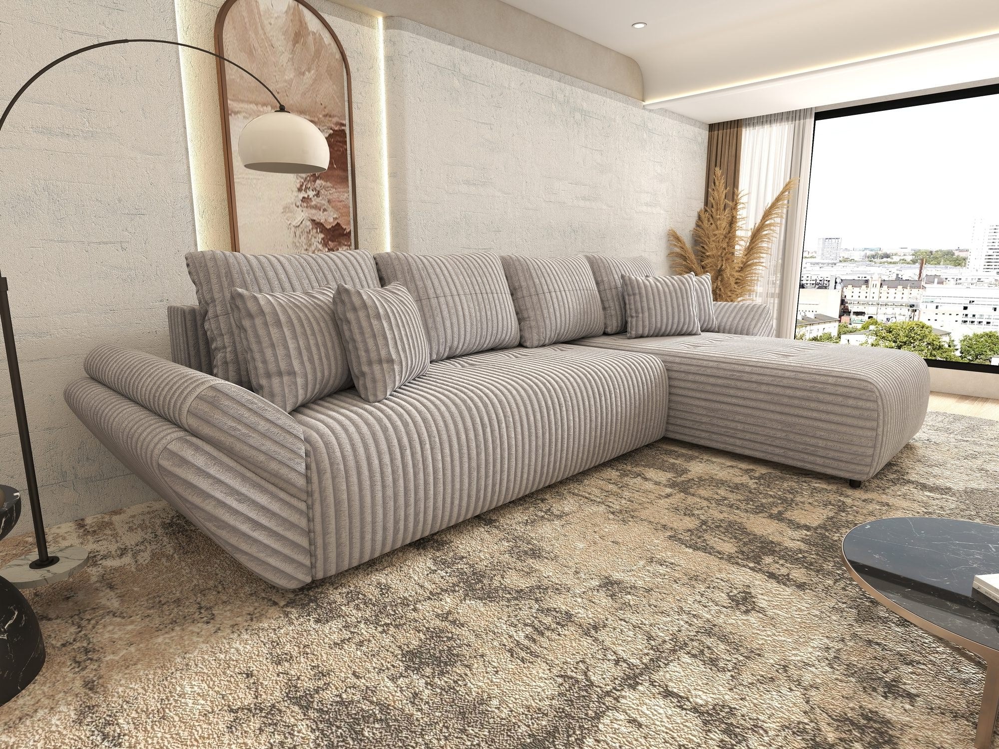 Colțar extensibil dumonde cu ladă de depozitare si sezut confortabil din spuma high-density, Berlin XL Tilia Gri 86 II 350x185 cm