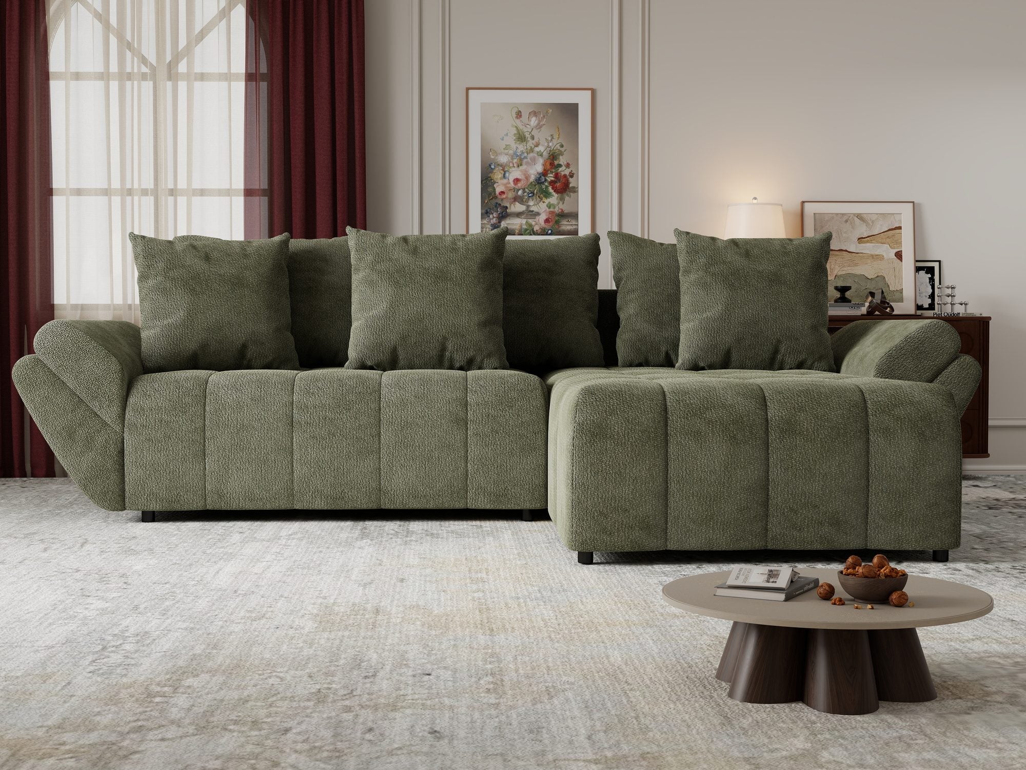 Colțar extensibil dumonde cu ladă de depozitare si sezut confortabil din spuma high-density, Berlin Vibe Olive 38 II 280x185 cm