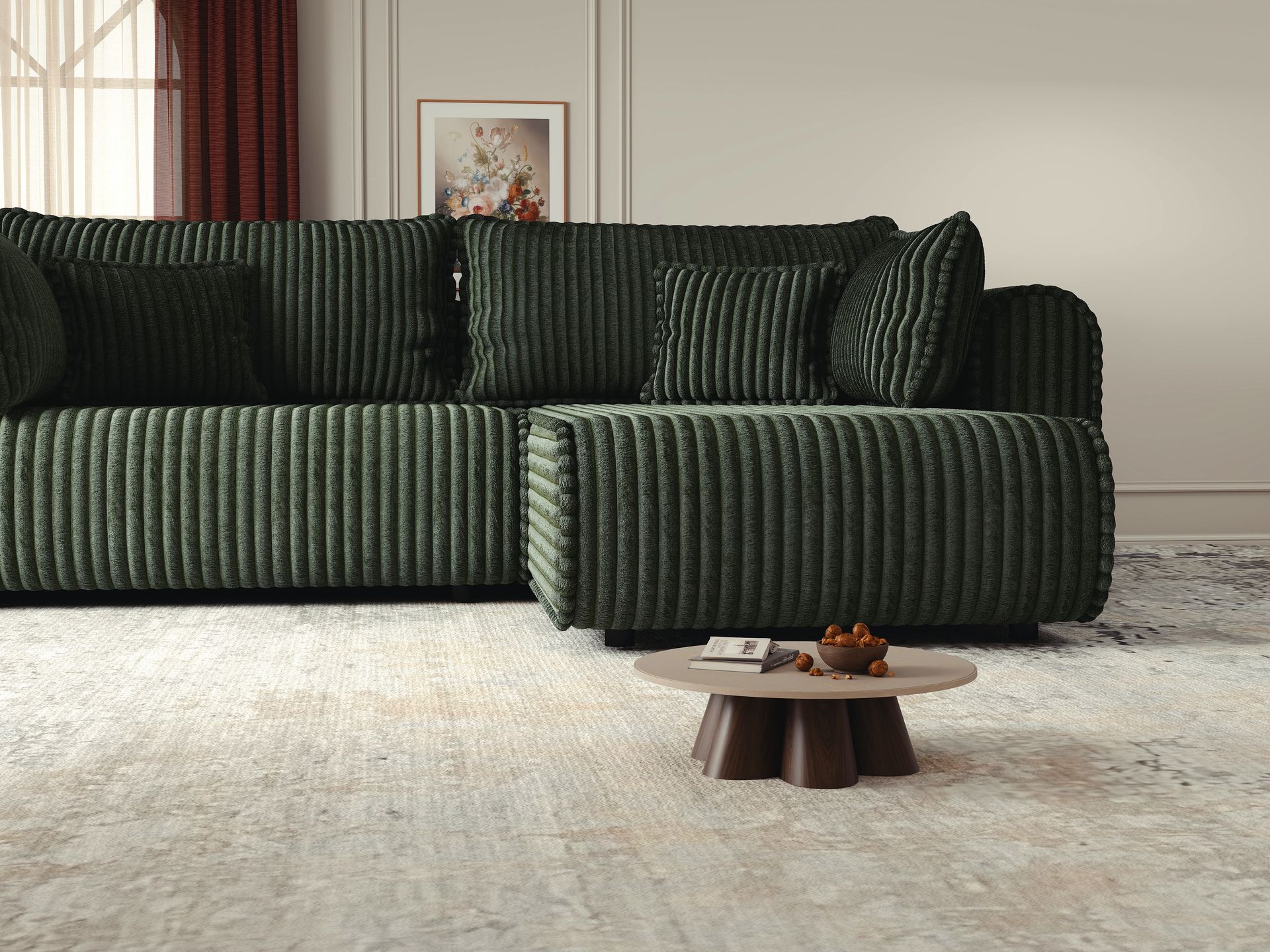 Colțar extensibil dumonde cu ladă de depozitare si sezut confortabil din spuma high-density, Monaco L Tilia Verde II 270x100 cm