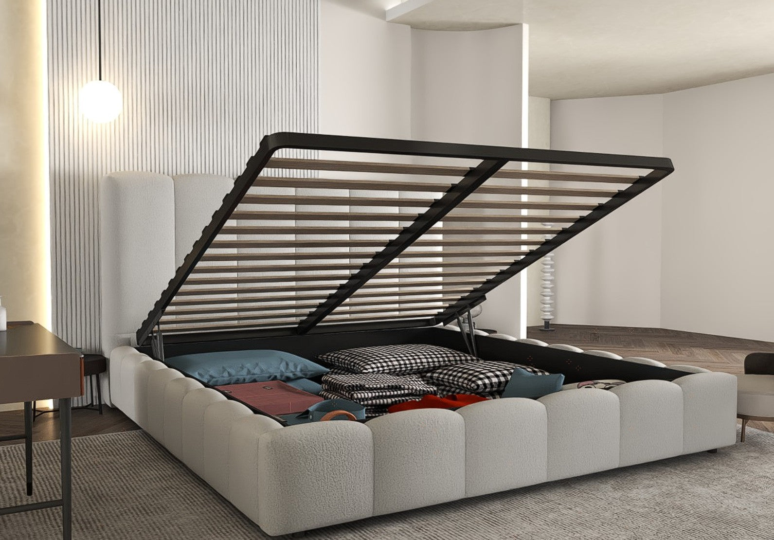 Dumonde hálószoba ágy, szürke kárpitozott, Milano 180x200 cm, felnyitható ágyráccsal, tárolóhellyel