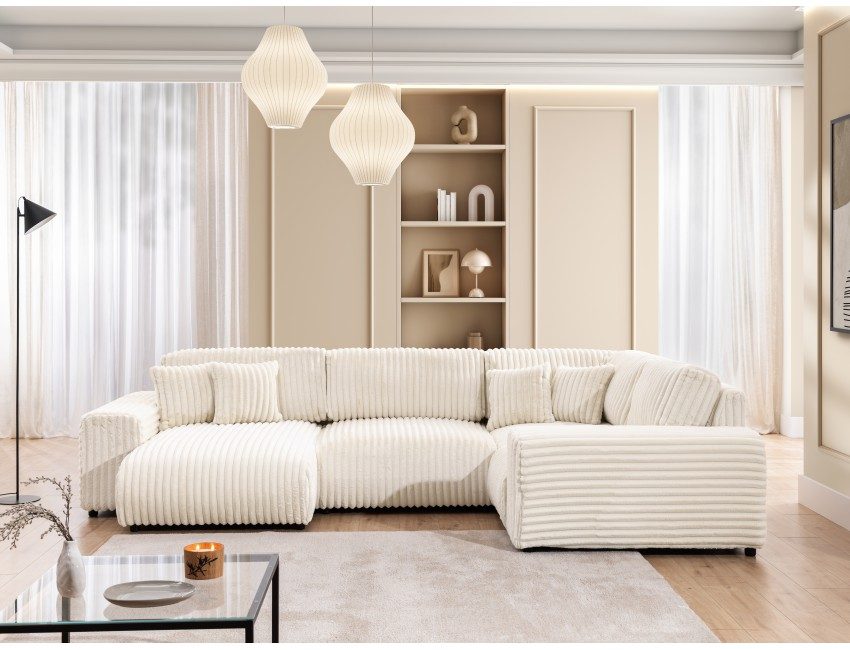 Dumonde kihúzható sarokkanapé tárolórekesszel és kényelmes, nagy sűrűségű habszivacs ülőfelülettel, Justin Tilia alb 316x194 cm