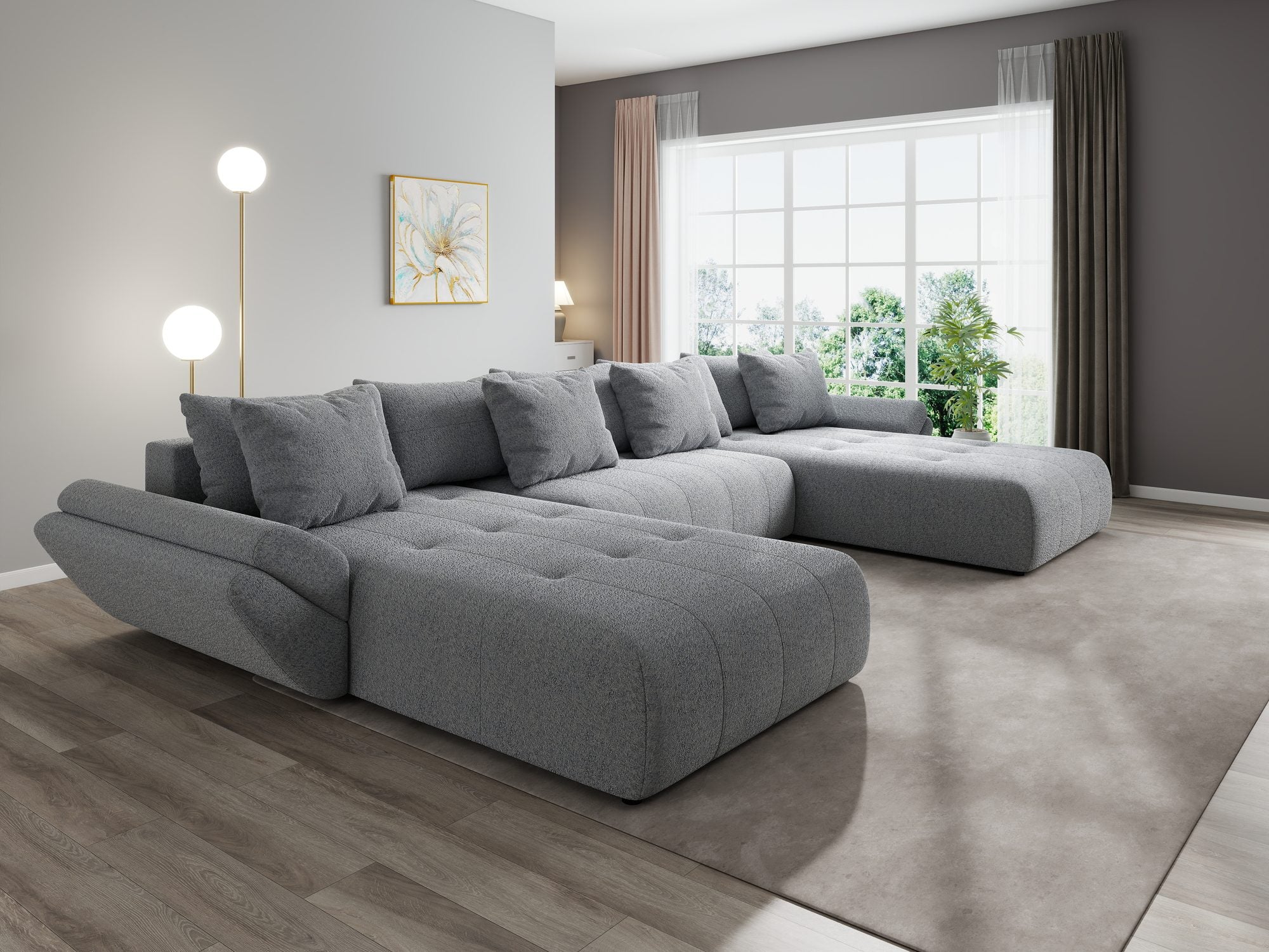 Colțar extensibil dumonde cu ladă de depozitare si sezut confortabil din spuma high-density, Berlin U Monte Gri 84 380x180 cm