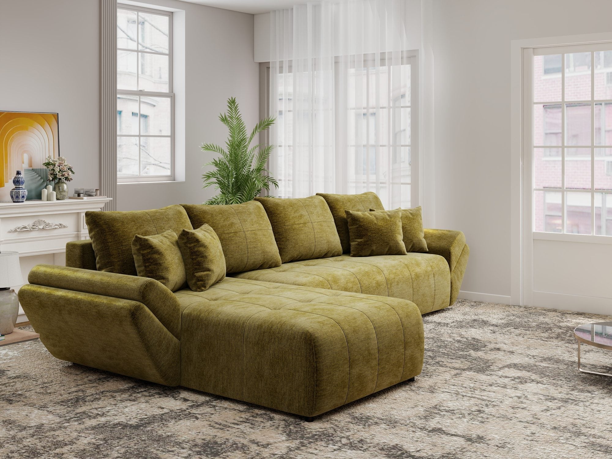 Colțar extensibil dumonde cu ladă de depozitare si sezut confortabil din spuma high-density, Berlin XL Monolith Verde Olive 38 350x185 cm