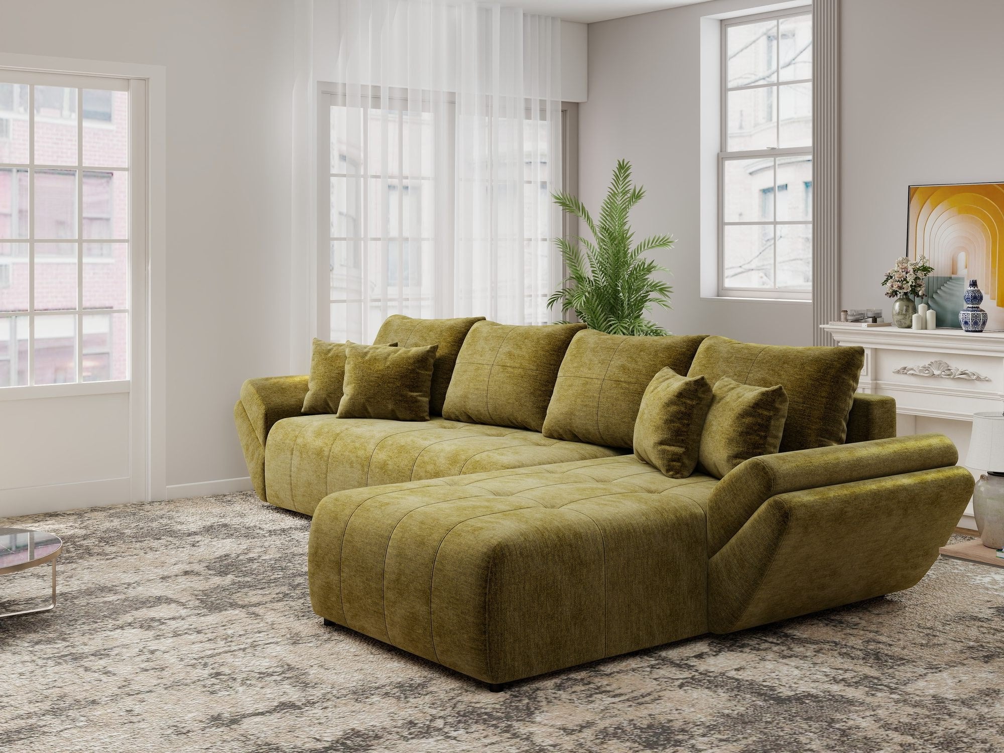 Colțar extensibil dumonde cu ladă de depozitare si sezut confortabil din spuma high-density, Berlin XL Monolith Verde Olive 38 II 350x185 cm