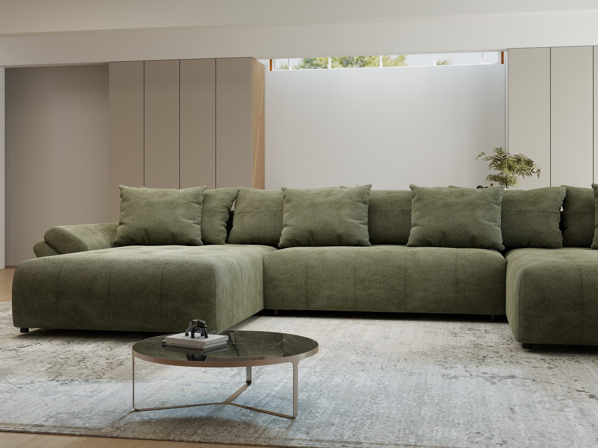Colțar extensibil dumonde cu ladă de depozitare si sezut confortabil din spuma high-density, Berlin U Vibe Olive 38 380x180 cm