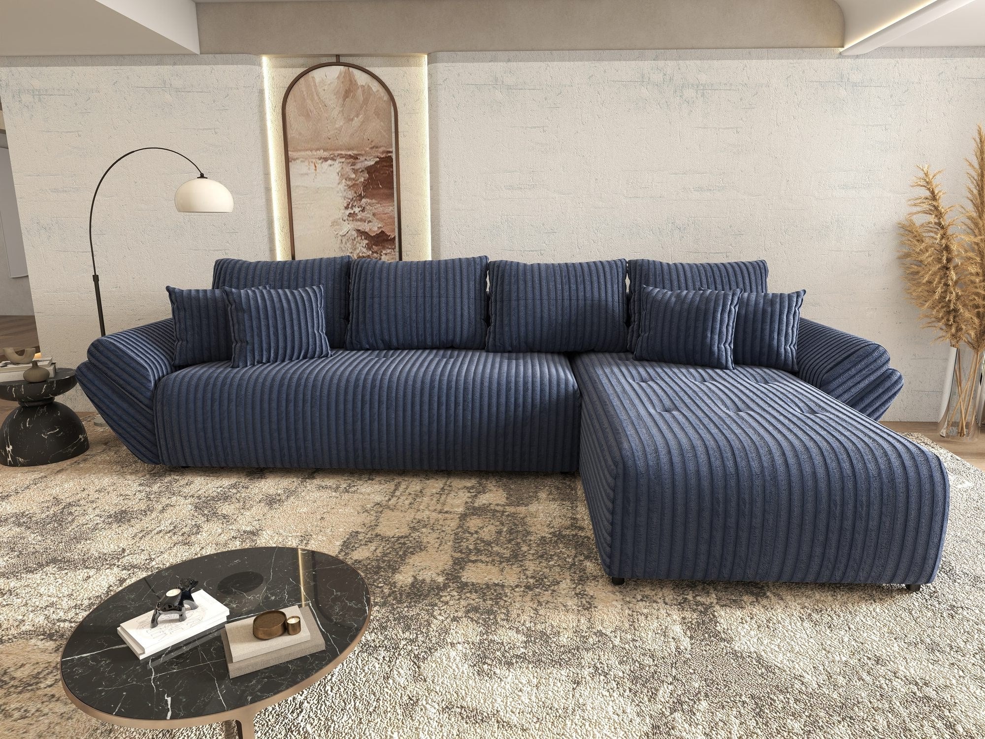 Colțar extensibil dumonde cu ladă de depozitare si sezut confortabil din spuma high-density, Berlin XL Tilia Albastru 77 II 350x185 cm