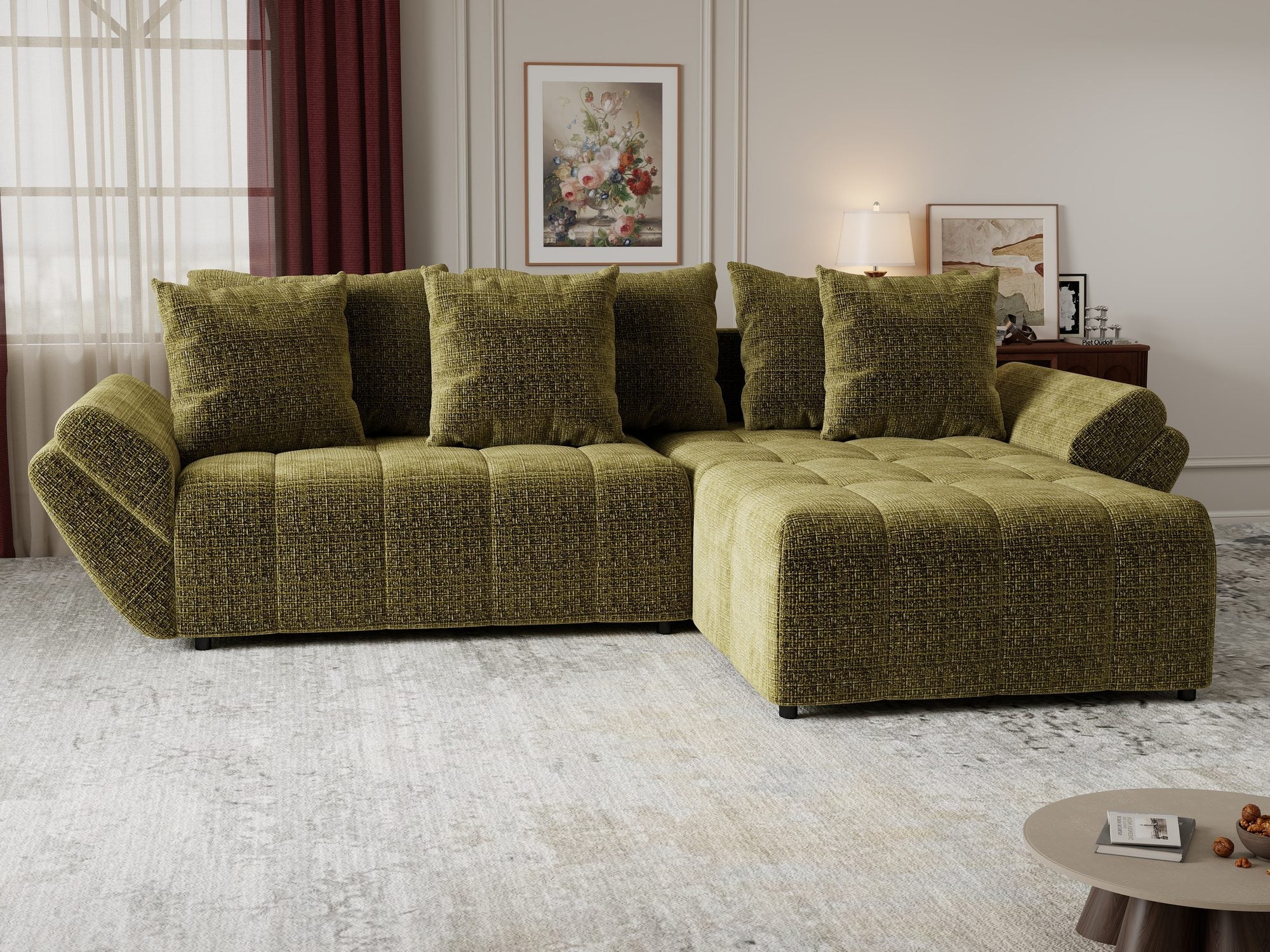 Colțar extensibil dumonde cu ladă de depozitare si sezut confortabil din spuma high-density, Berlin Monolith Verde Olive 38 II 280x185 cm