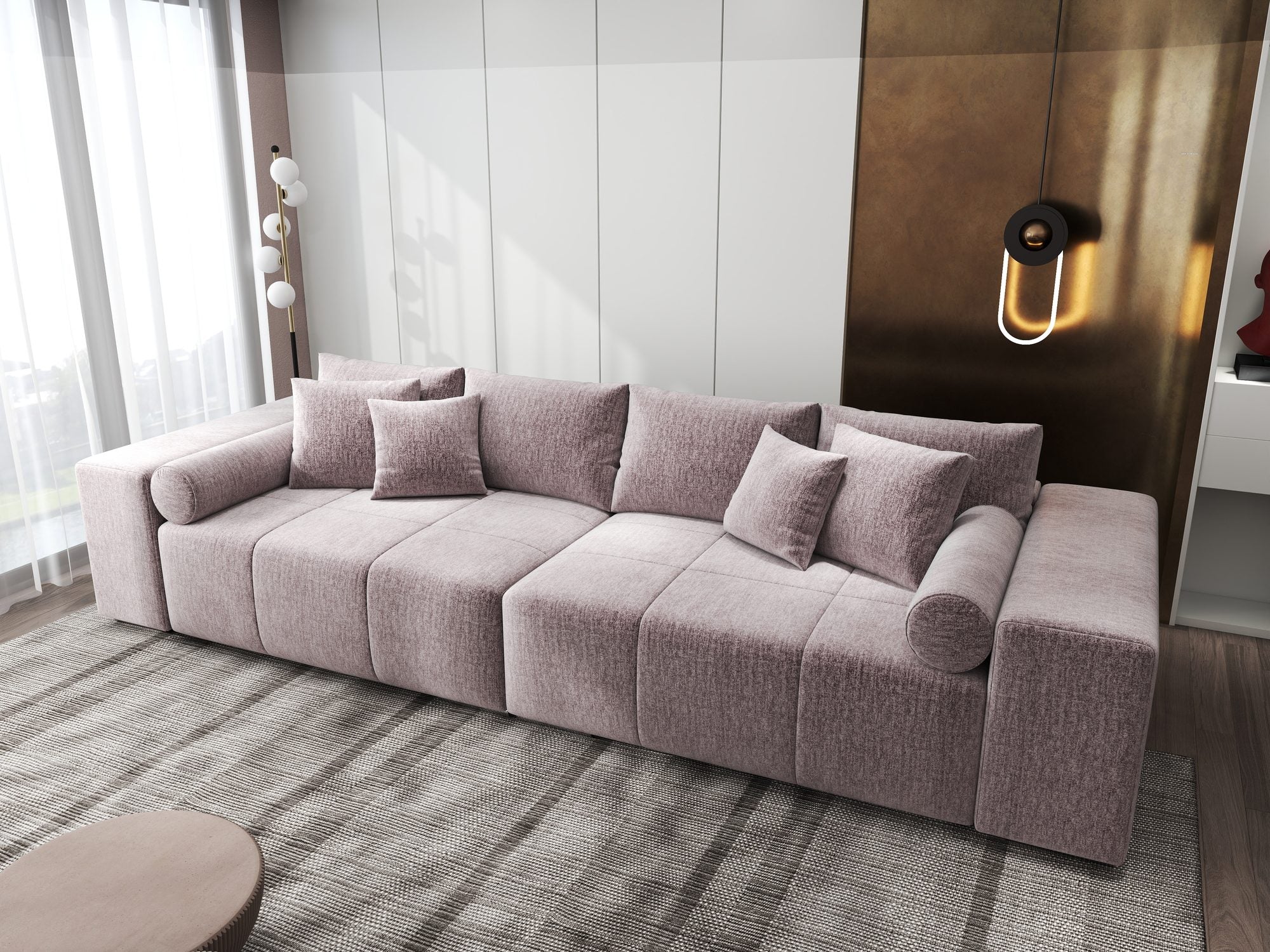 Canapea extensibilă dumonde cu ladă de depozitare si sezut confortabil din spuma high-density, Marbela XXL Monolith Roz Pudrat 62 290x100 cm