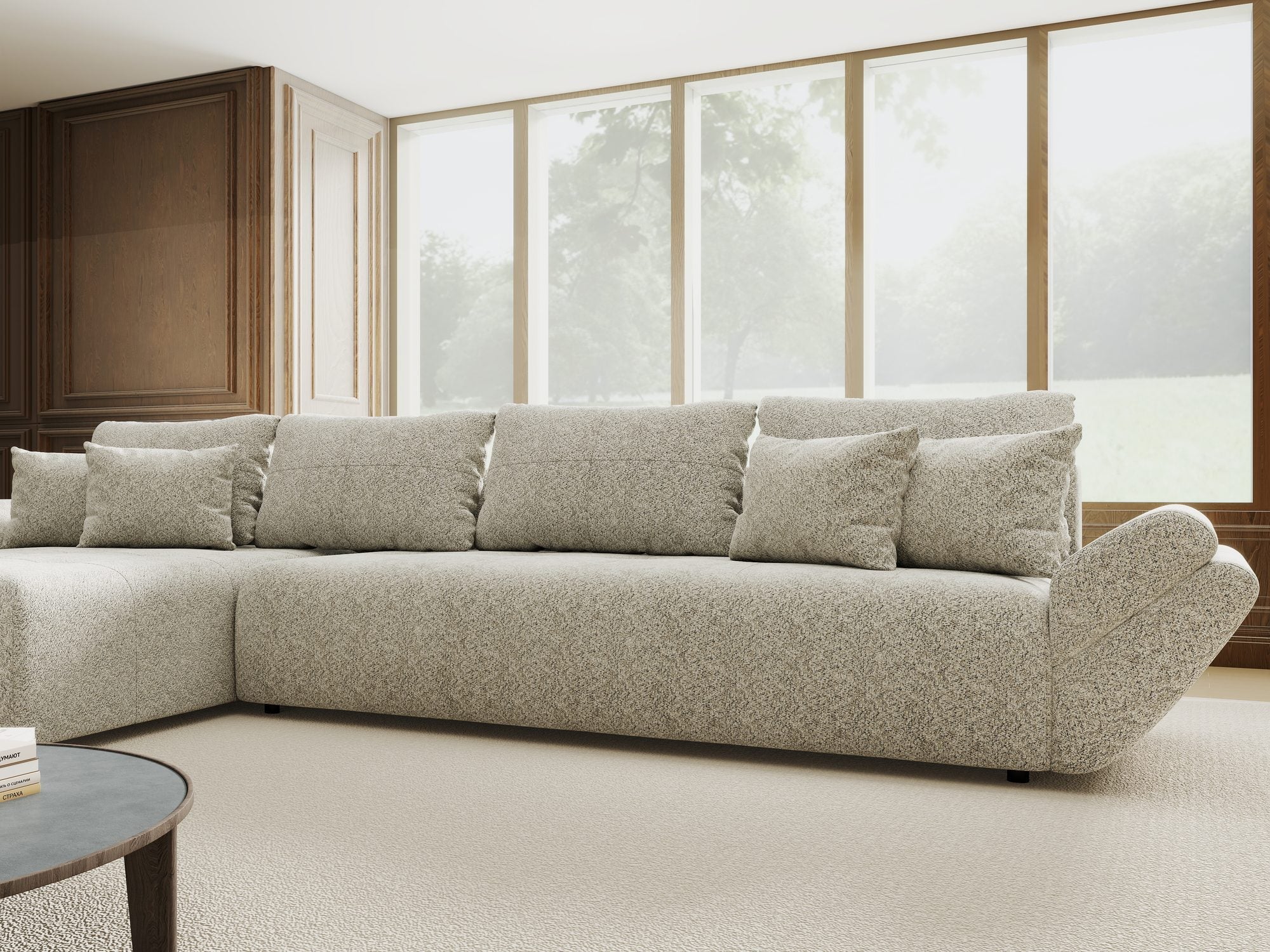 Colțar extensibil dumonde cu ladă de depozitare si sezut confortabil din spuma high-density, Berlin XL Arena Bej 2 350x185 cm