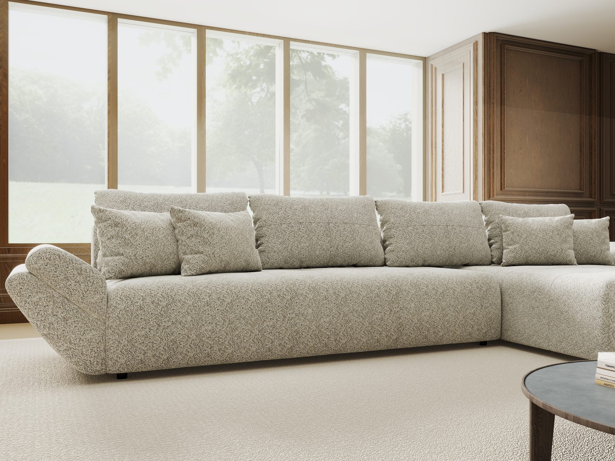 Colțar extensibil dumonde cu ladă de depozitare si sezut confortabil din spuma high-density, Berlin XL Arena Bej 2 II 350x185 cm