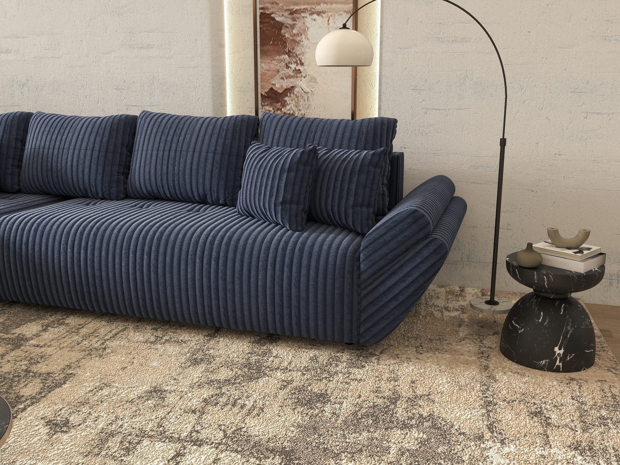 Colțar extensibil dumonde cu ladă de depozitare si sezut confortabil din spuma high-density, Berlin XL Tilia Albastru 77 350x185 cm
