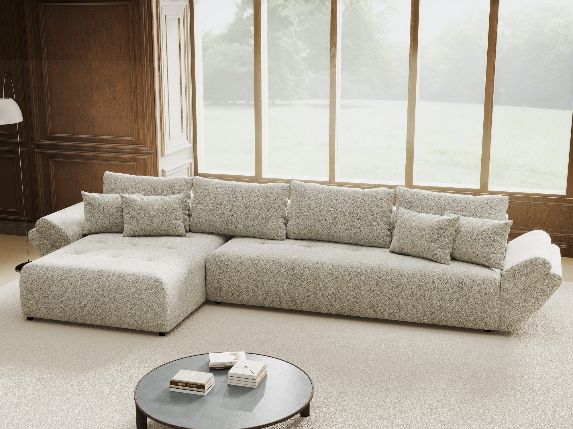 Colțar extensibil dumonde cu ladă de depozitare si sezut confortabil din spuma high-density, Berlin XL Arena Bej 2 350x185 cm