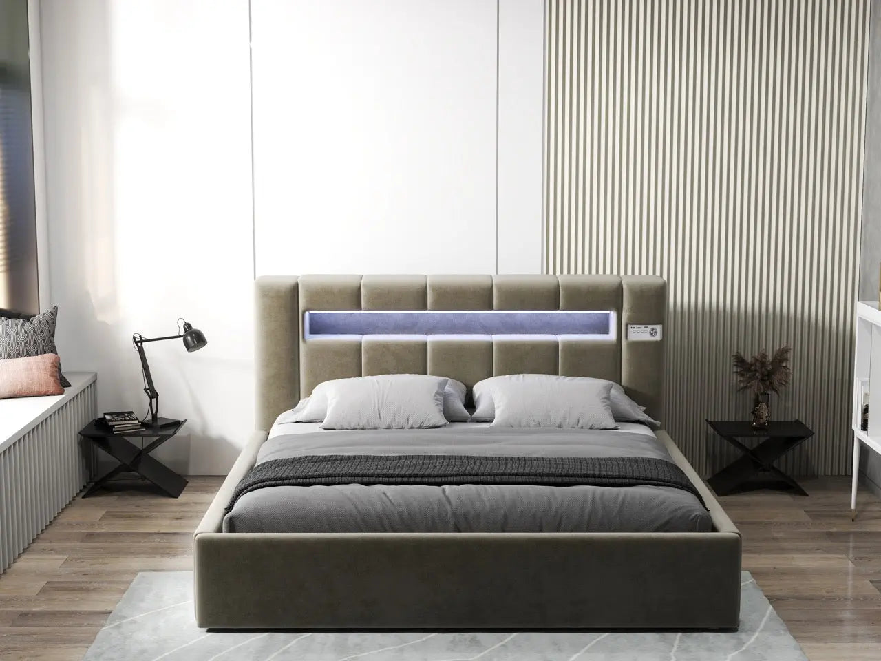 Pat dormitor dumonde, tapitat bej, Glow 160x200 cm, somiera rabatabila inclusa, spatiu depozitare WLS