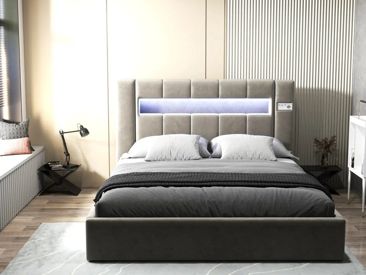 Pat dormitor dumonde, tapitat bej, Glow 160x200 cm, somiera rabatabila inclusa, spatiu depozitare WLS
