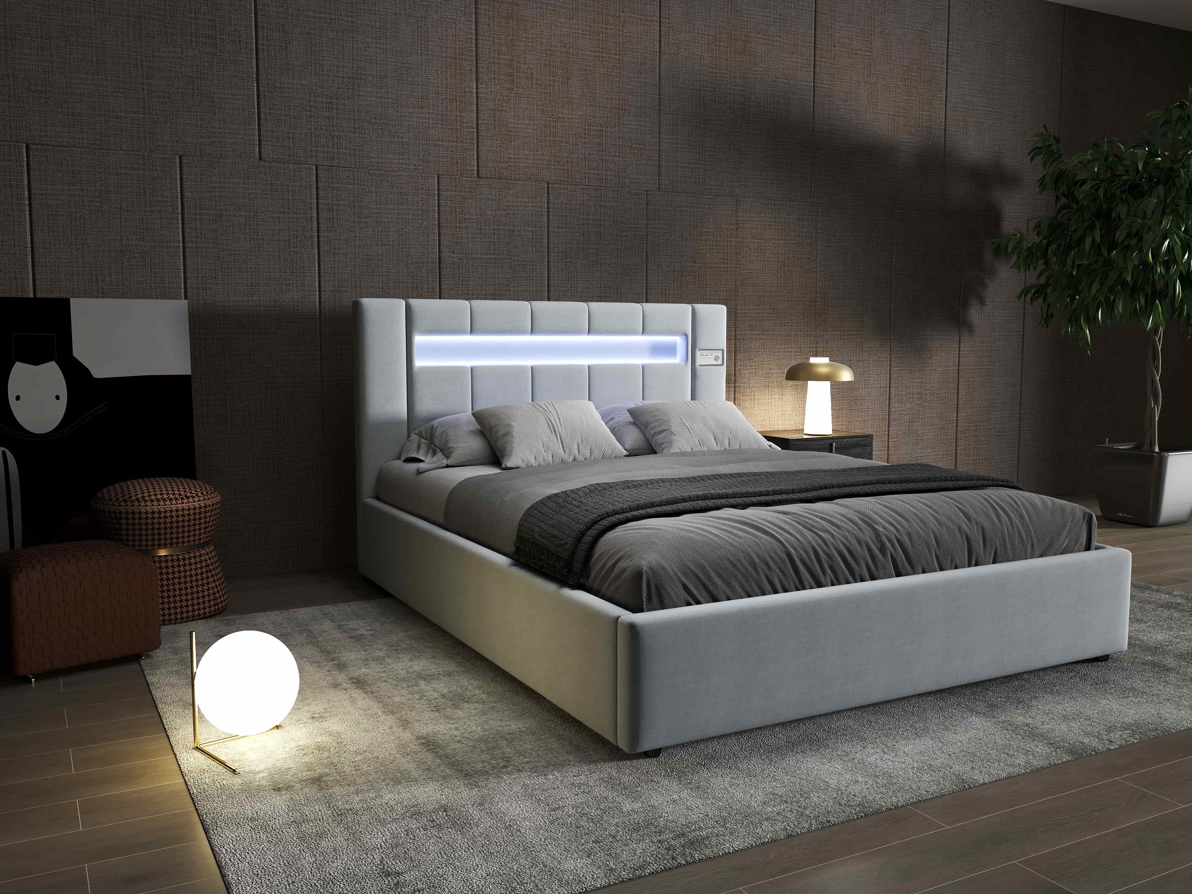 Pat dormitor dumonde, tapitat gri, Glow 180x200 cm, somiera rabatabila inclusa, spatiu depozitare WLS