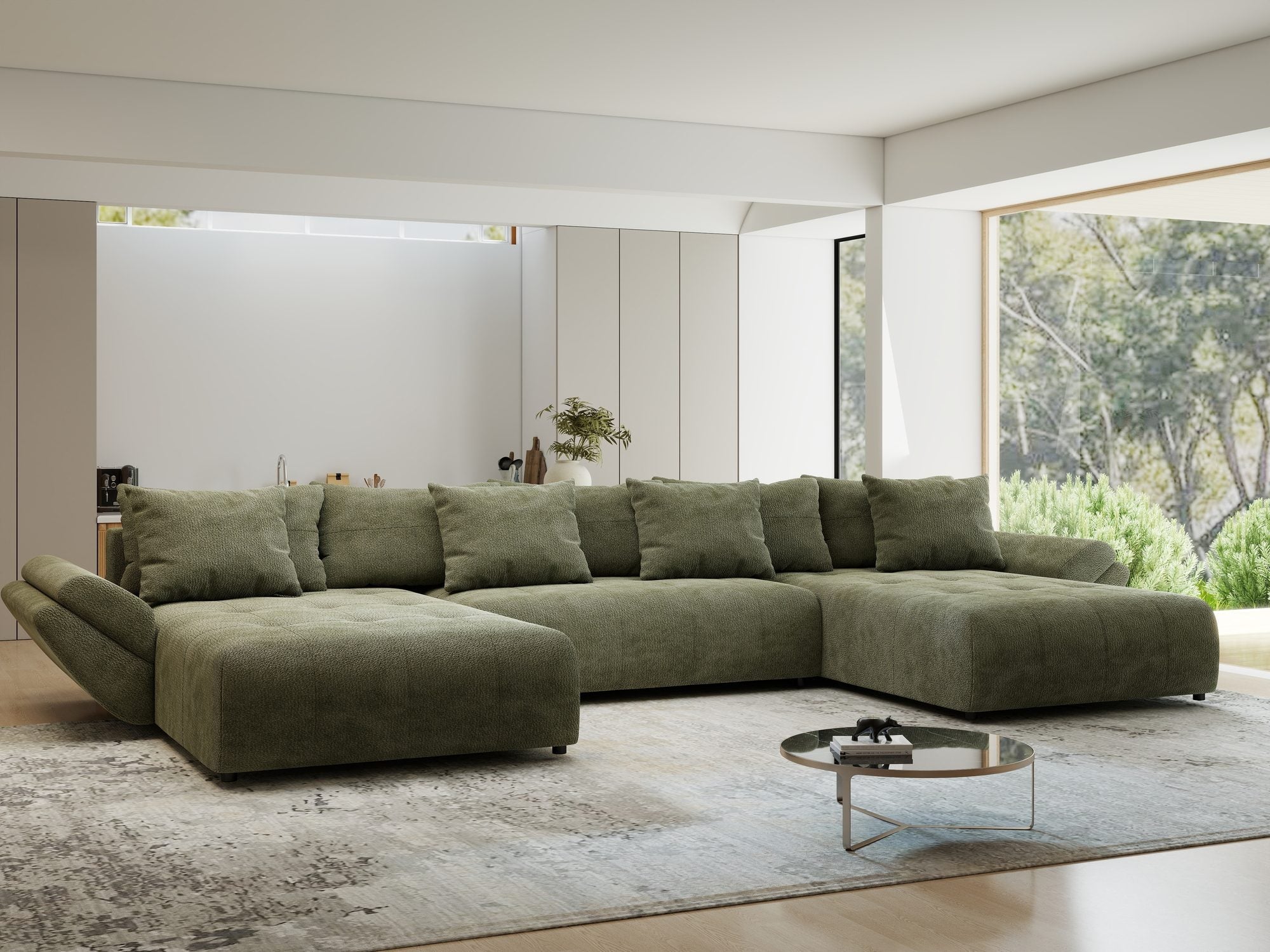 Colțar extensibil dumonde cu ladă de depozitare si sezut confortabil din spuma high-density, Berlin U Vibe Olive 38 380x180 cm