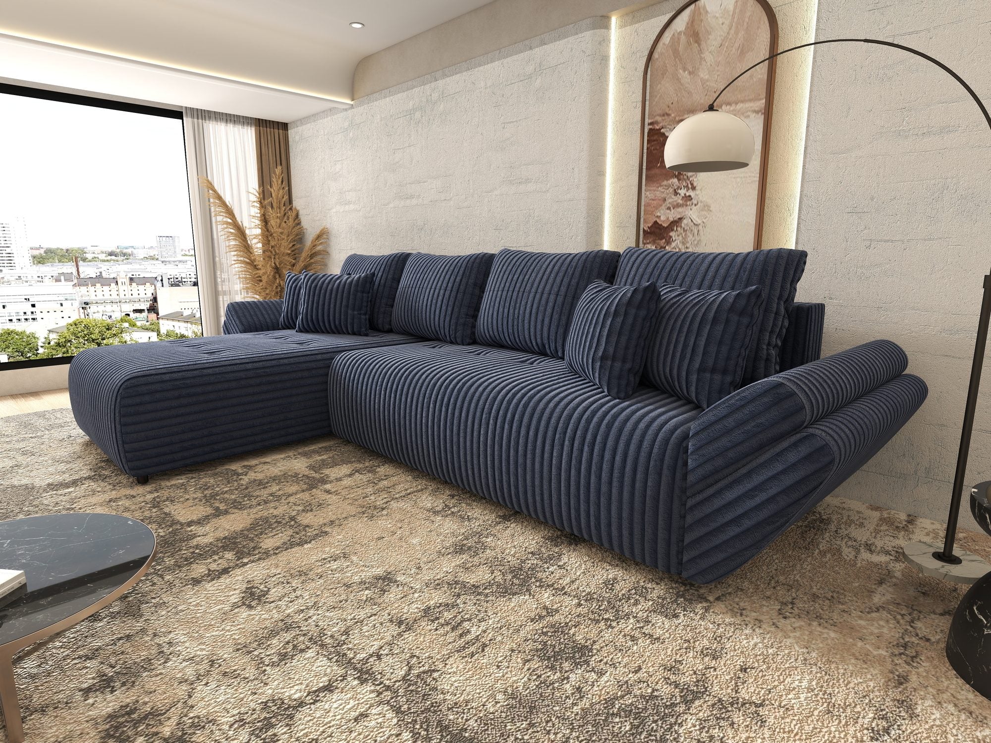 Colțar extensibil dumonde cu ladă de depozitare si sezut confortabil din spuma high-density, Berlin XL Tilia Albastru 77 350x185 cm