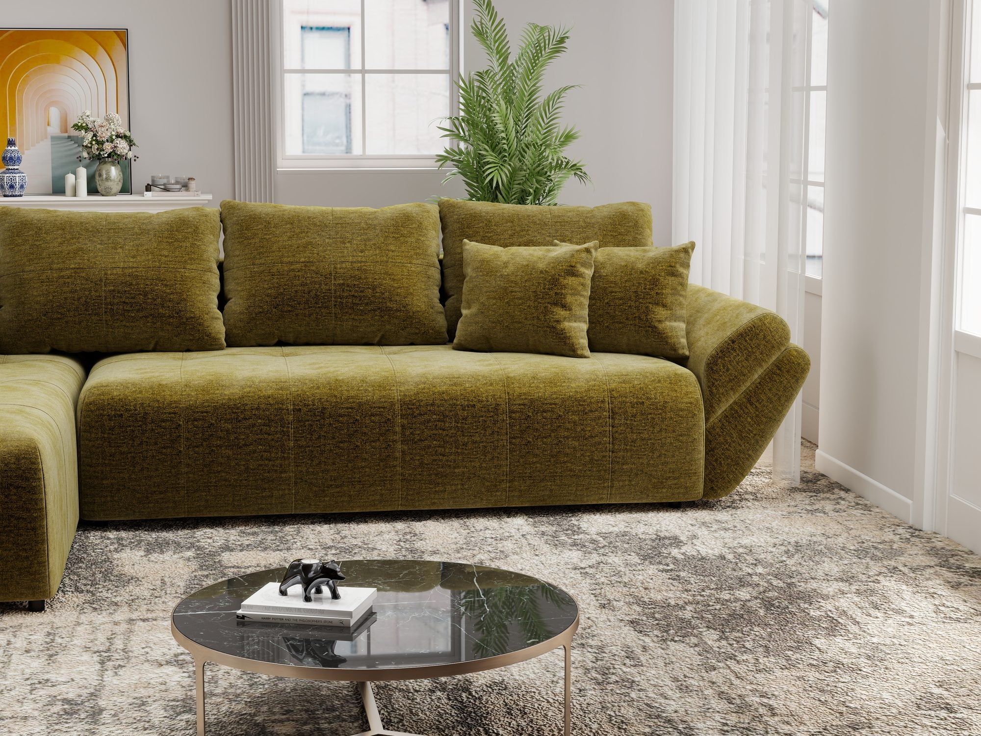 Colțar extensibil dumonde cu ladă de depozitare si sezut confortabil din spuma high-density, Berlin XL Monolith Verde Olive 38 350x185 cm