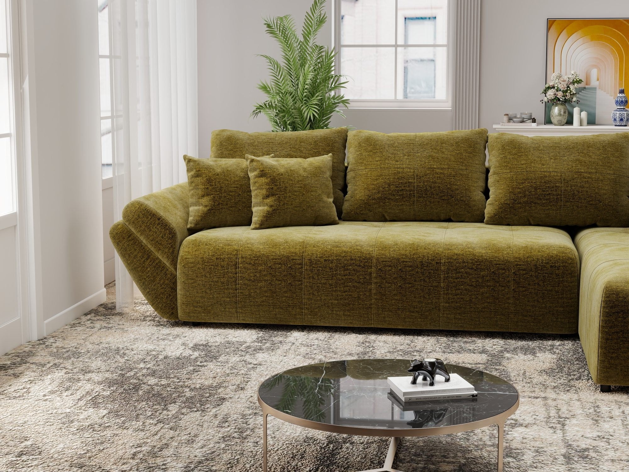 Colțar extensibil dumonde cu ladă de depozitare si sezut confortabil din spuma high-density, Berlin XL Monolith Verde Olive 38 II 350x185 cm
