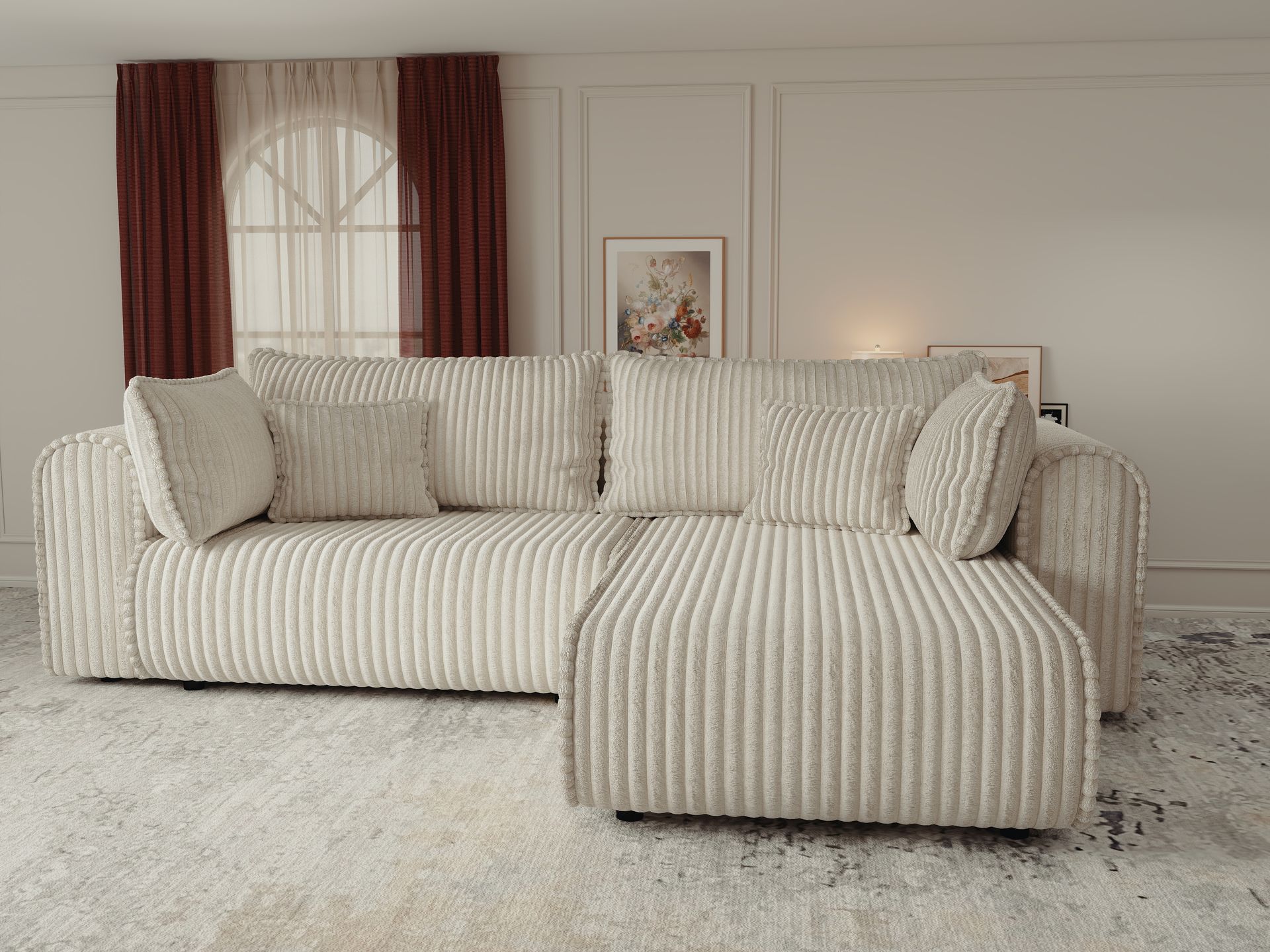 Colțar extensibil dumonde cu ladă de depozitare si sezut confortabil din spuma high-density, Monaco L Tilia Crem II 270x100 cm