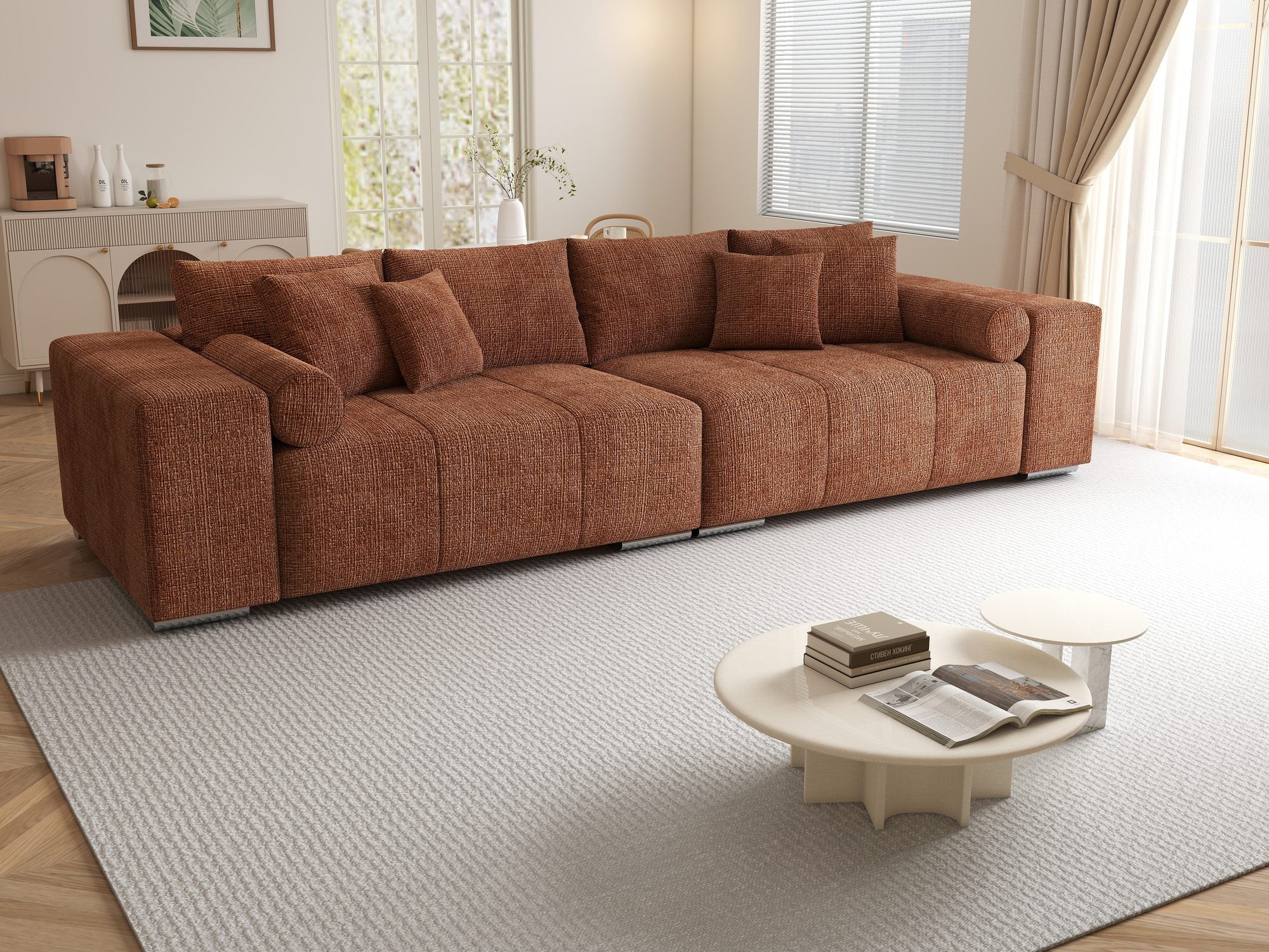 Canapea extensibilă dumonde cu ladă de depozitare si sezut confortabil din spuma high-density, Marbela XXL Cremona Teracota 52 290x100 cm