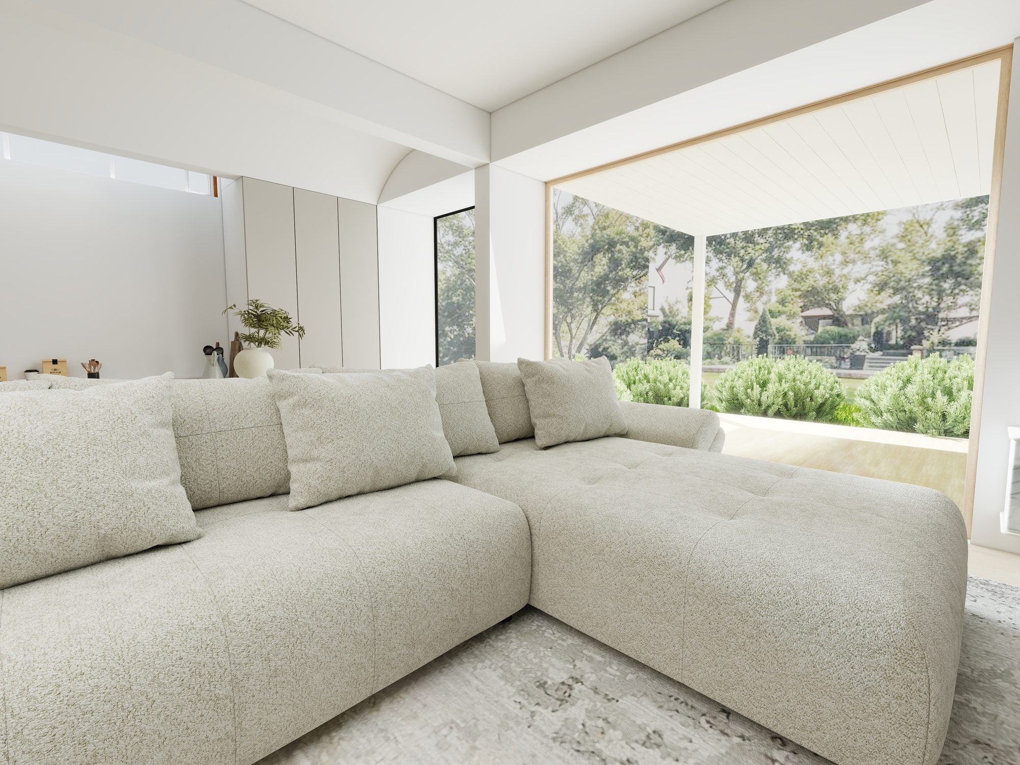 Colțar extensibil dumonde cu ladă de depozitare si sezut confortabil din spuma high-density, Berlin U Arena Bej 20 380x180 cm