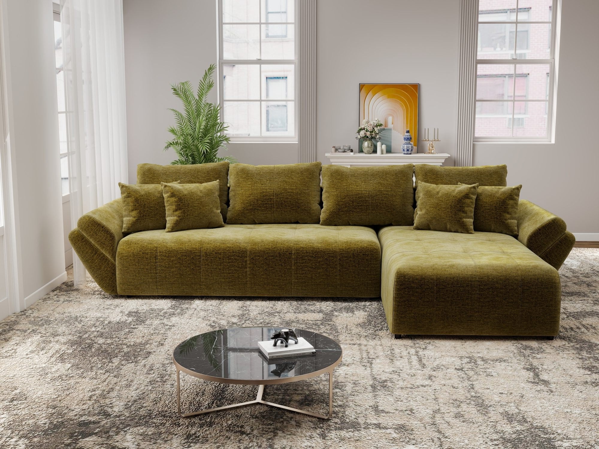 Colțar extensibil dumonde cu ladă de depozitare si sezut confortabil din spuma high-density, Berlin XL Monolith Verde Olive 38 II 350x185 cm