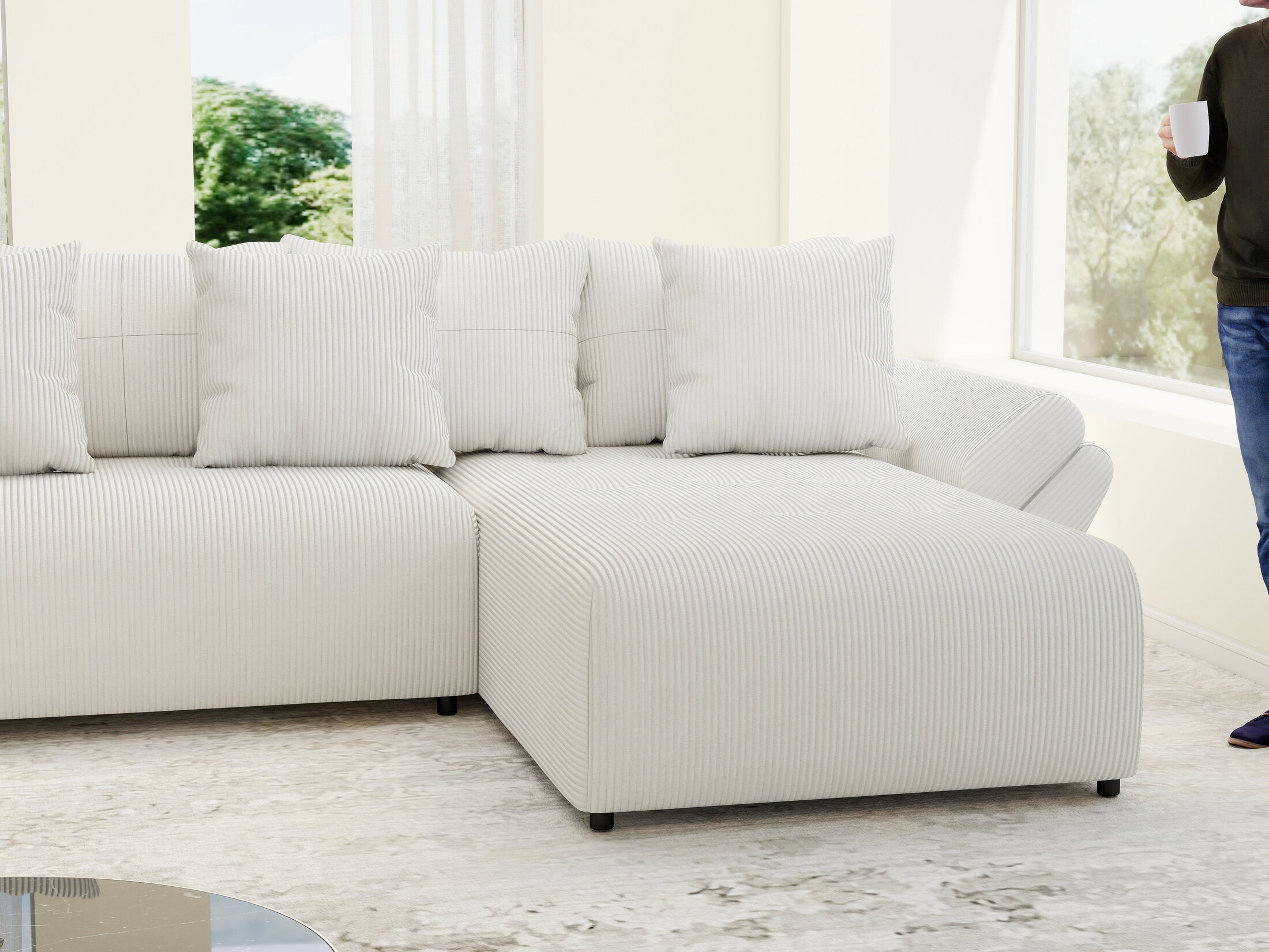 Colțar extensibil dumonde cu ladă de depozitare si sezut confortabil din spuma high-density, Berlin U Zoom Crem 400x185 cm