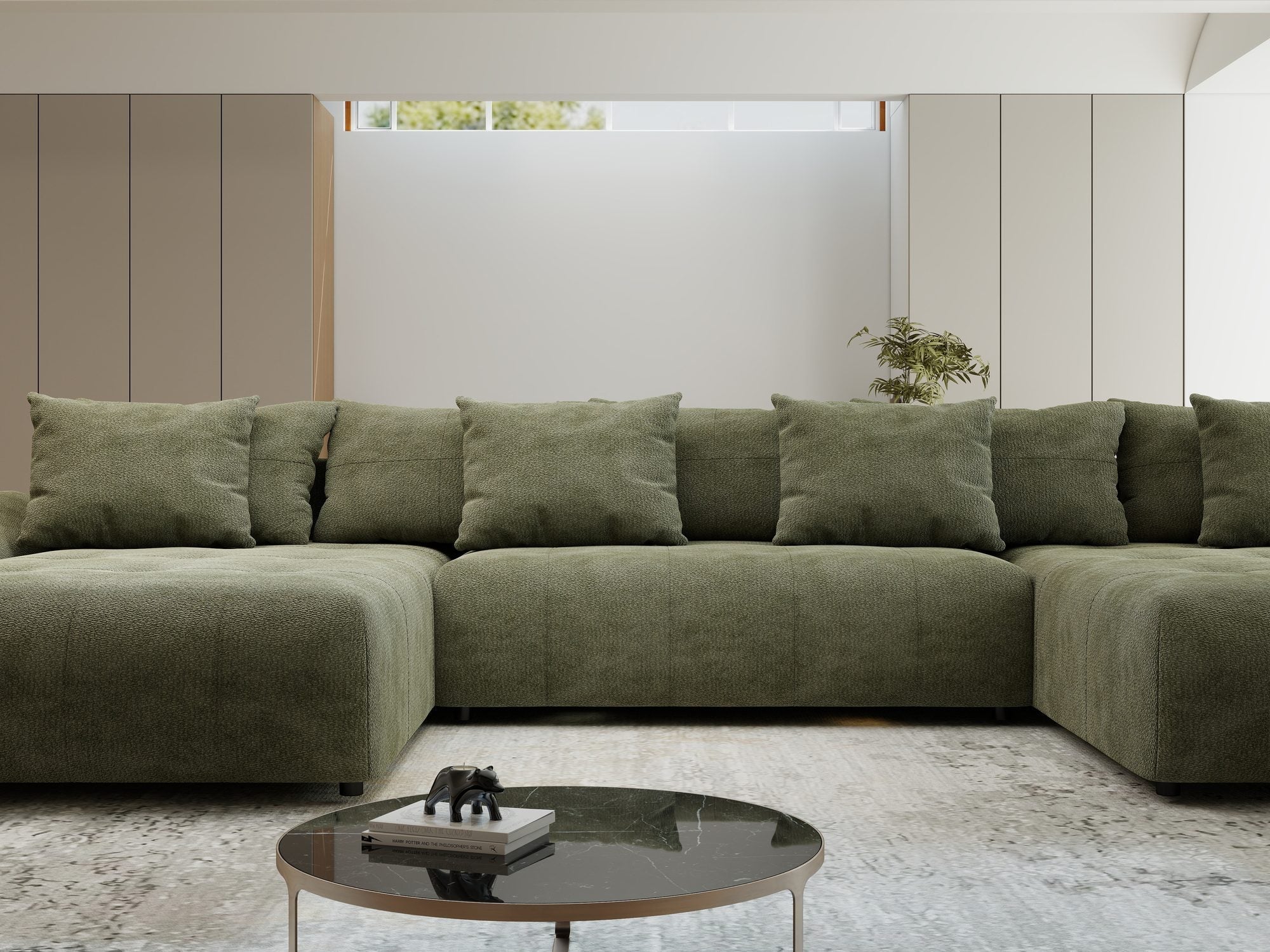Colțar extensibil dumonde cu ladă de depozitare si sezut confortabil din spuma high-density, Berlin U Vibe Olive 38 380x180 cm