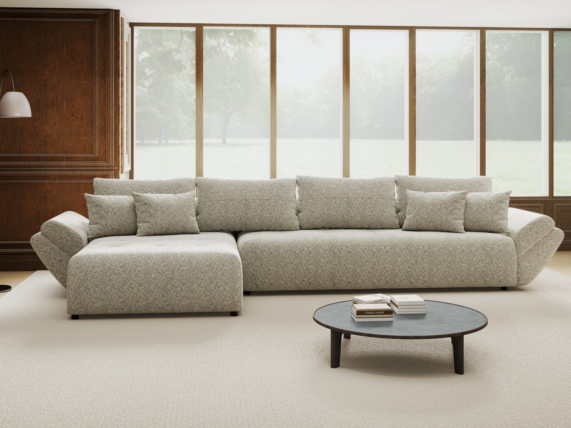 Colțar extensibil dumonde cu ladă de depozitare si sezut confortabil din spuma high-density, Berlin XL Arena Bej 2 350x185 cm