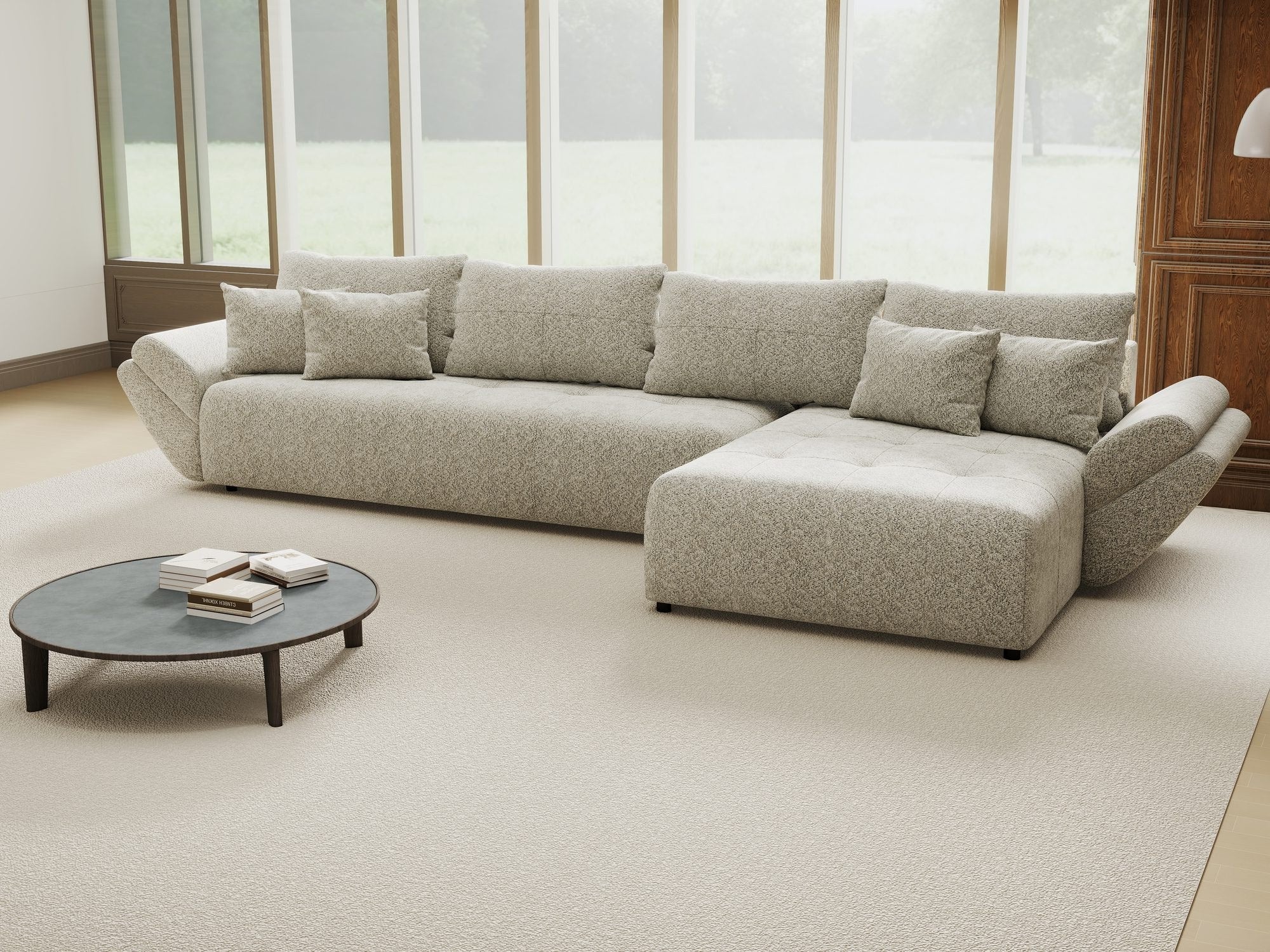 Colțar extensibil dumonde cu ladă de depozitare si sezut confortabil din spuma high-density, Berlin XL Arena Bej 2 II 350x185 cm