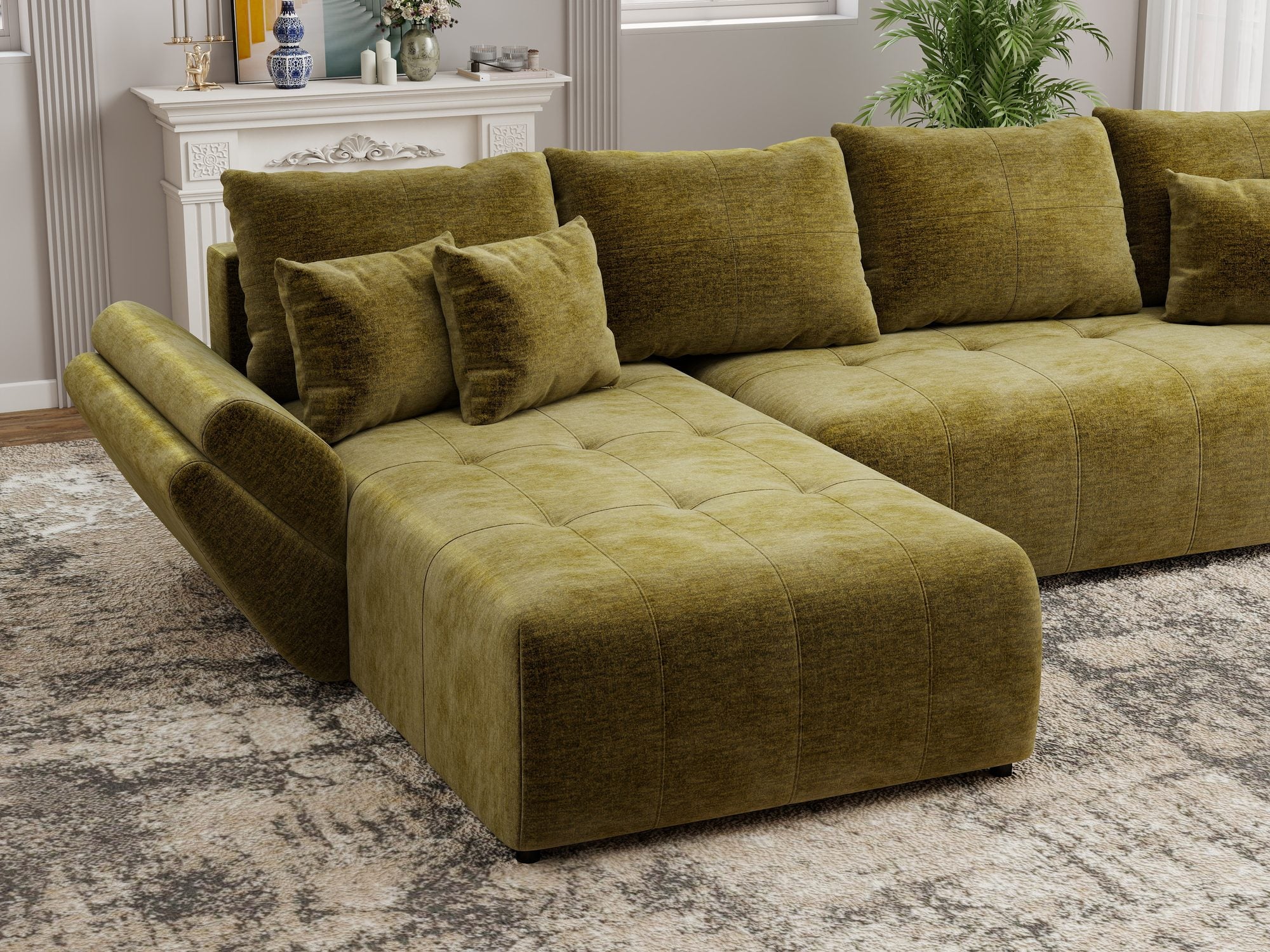 Colțar extensibil dumonde cu ladă de depozitare si sezut confortabil din spuma high-density, Berlin XL Monolith Verde Olive 38 350x185 cm