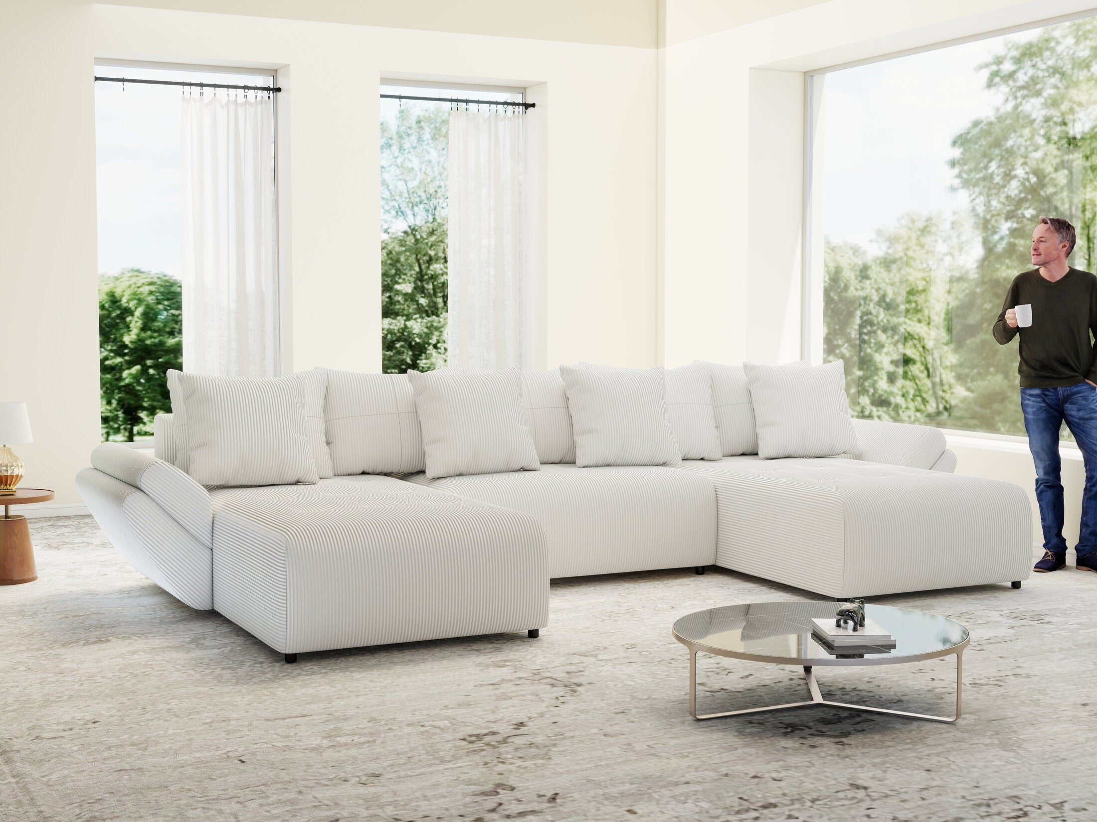 Colțar extensibil dumonde cu ladă de depozitare si sezut confortabil din spuma high-density, Berlin U Zoom Crem 400x185 cm