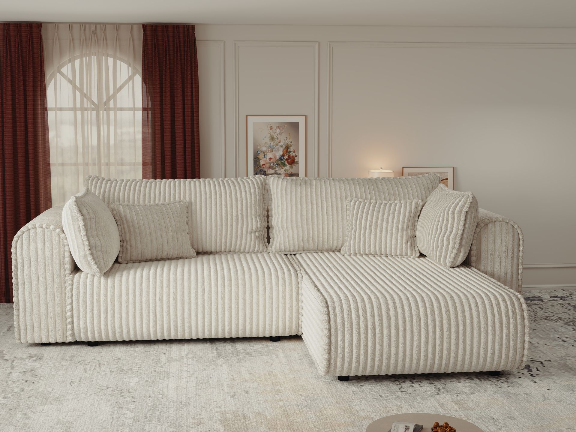 Colțar extensibil dumonde cu ladă de depozitare si sezut confortabil din spuma high-density, Monaco L Tilia Crem II 270x100 cm