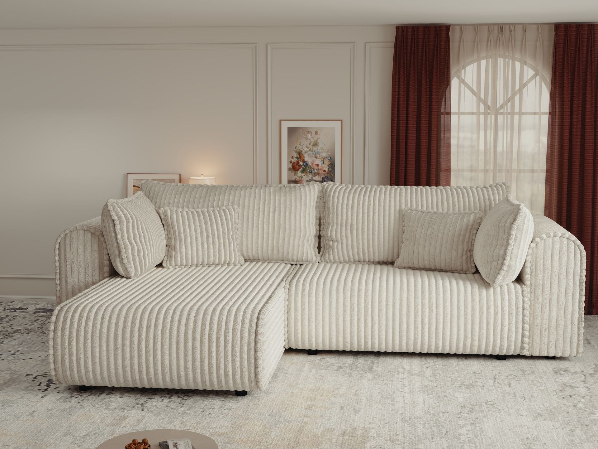 Colțar extensibil dumonde cu ladă de depozitare si sezut confortabil din spuma high-density, Monaco L Tilia Crem 270x100 cm