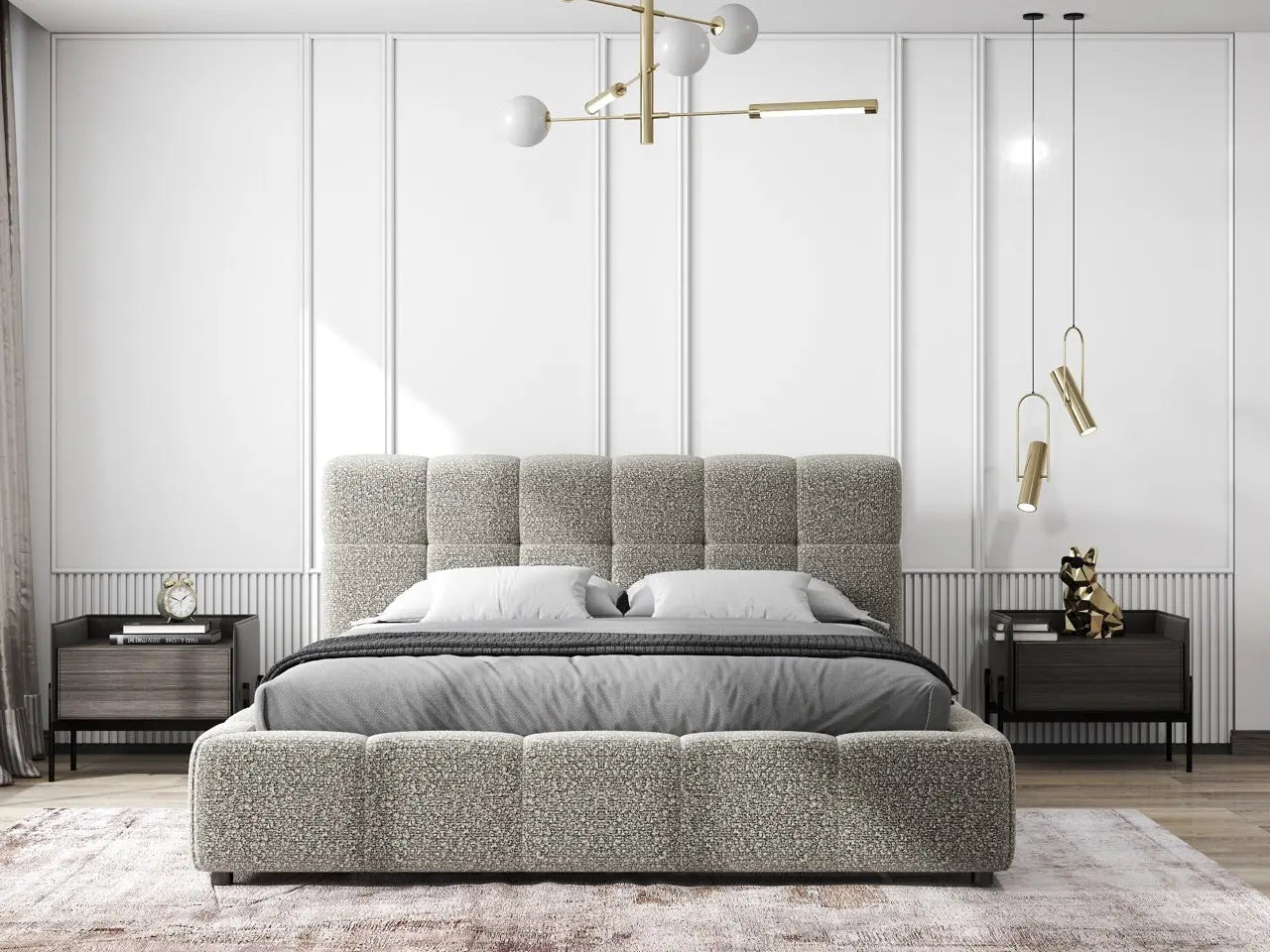 Pat dormitor dumonde, tapitat gri, Lorenzo 140x200 cm, somiera rabatabila inclusa, spatiu depozitare WLS