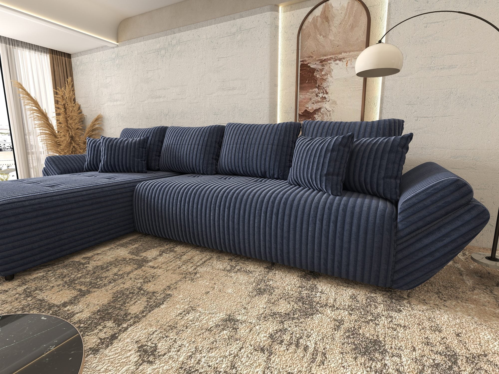 Colțar extensibil dumonde cu ladă de depozitare si sezut confortabil din spuma high-density, Berlin XL Tilia Albastru 77 350x185 cm