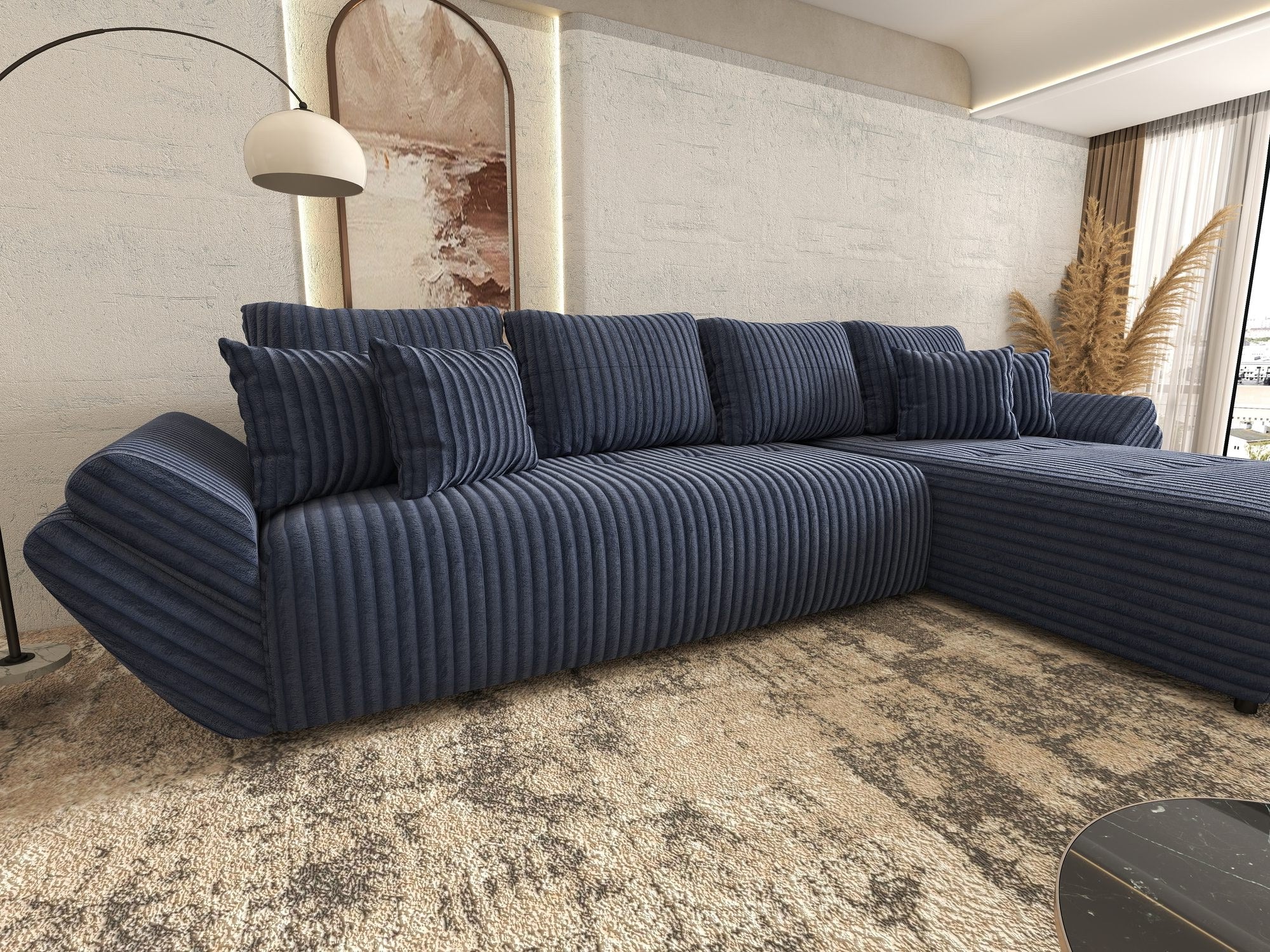 Colțar extensibil dumonde cu ladă de depozitare si sezut confortabil din spuma high-density, Berlin XL Tilia Albastru 77 II 350x185 cm