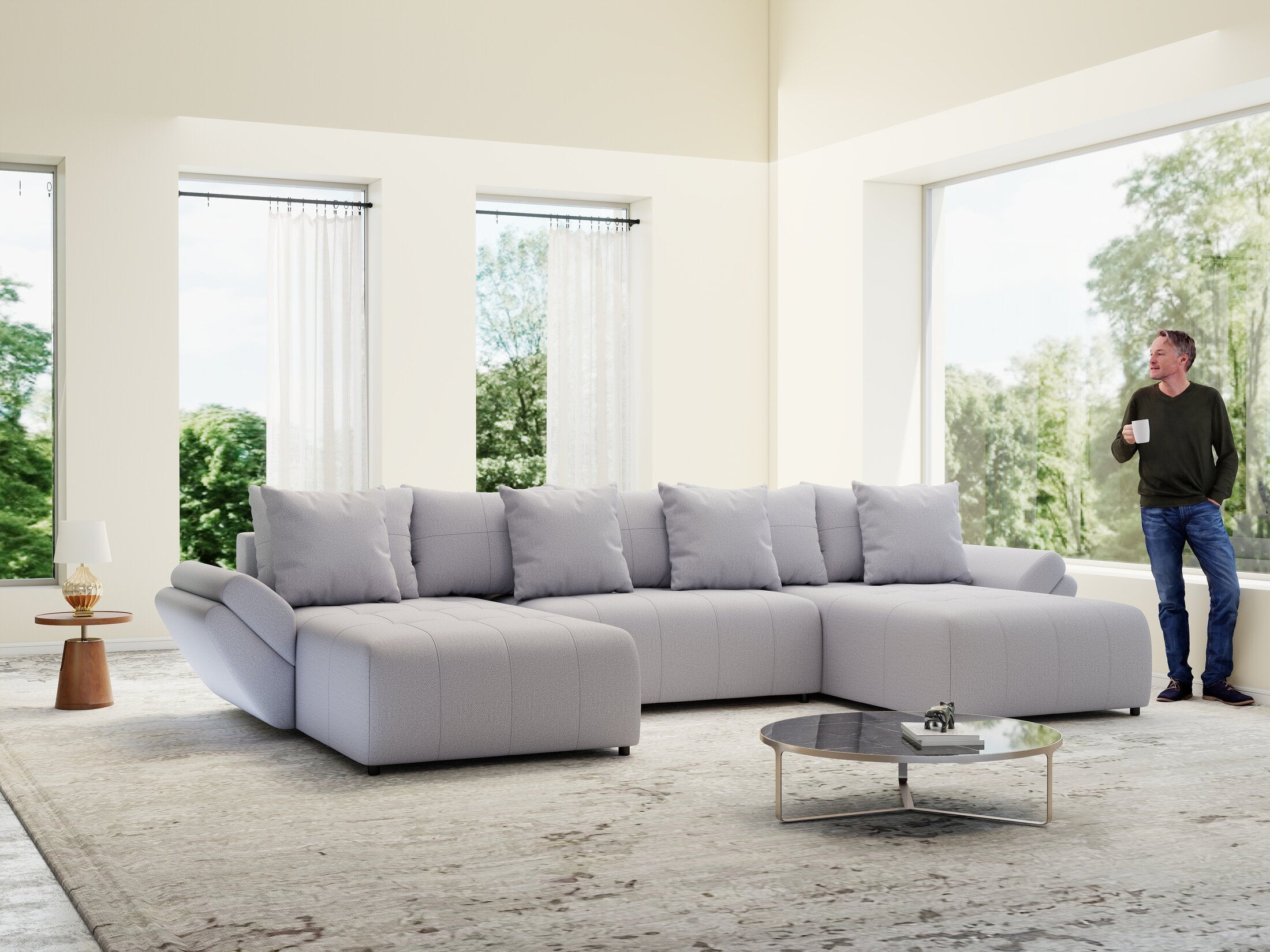 Colțar extensibil dumonde cu ladă de depozitare si sezut confortabil din spuma high-density, Berlin U Enjoy Gri 400x185 cm