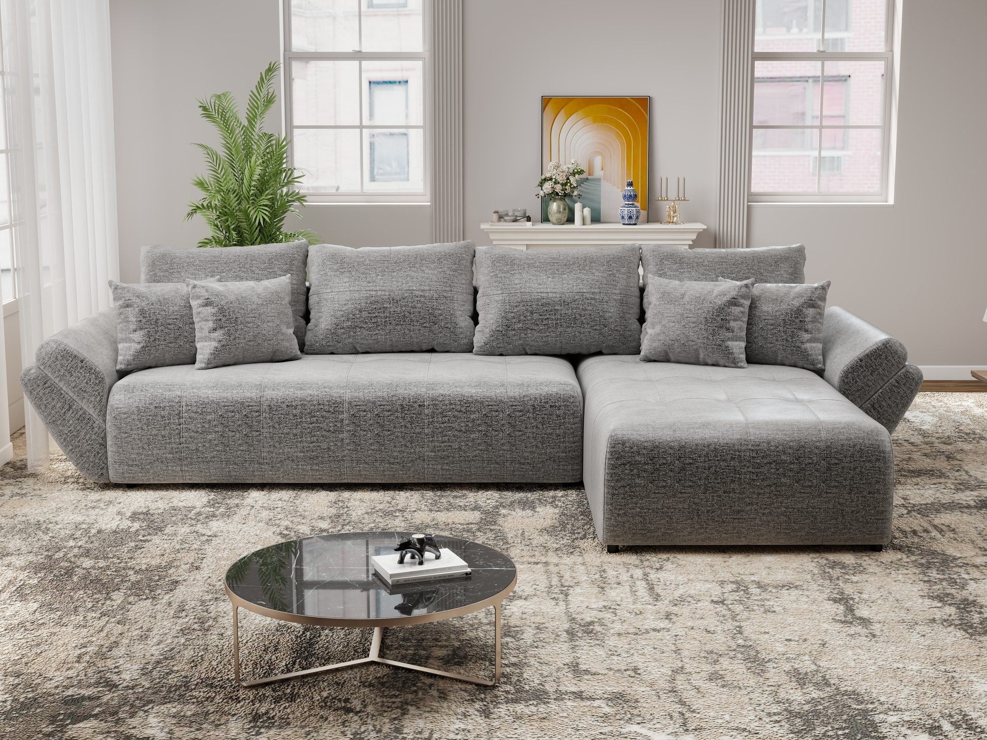 Colțar extensibil dumonde cu ladă de depozitare si sezut confortabil din spuma high-density, Berlin XL Monolith Gri 85 II 350x185 cm