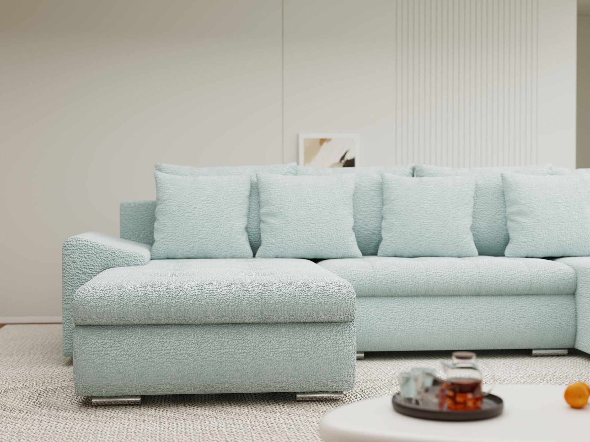 Colțar extensibil dumonde cu ladă de depozitare si sezut confortabil din spuma high-density, Leonardo U Jaguar Verde Mint 16 360x185 cm