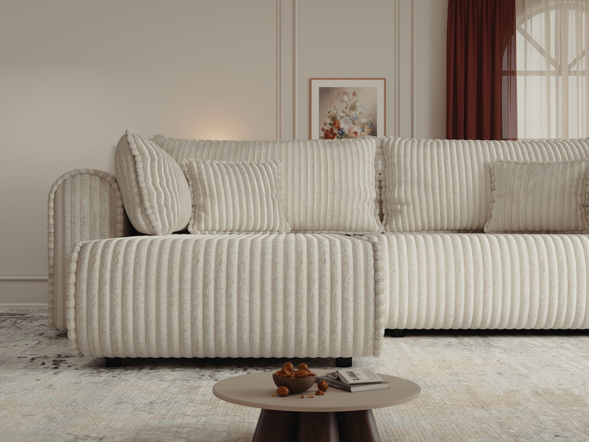 Colțar extensibil dumonde cu ladă de depozitare si sezut confortabil din spuma high-density, Monaco L Tilia Crem 270x100 cm