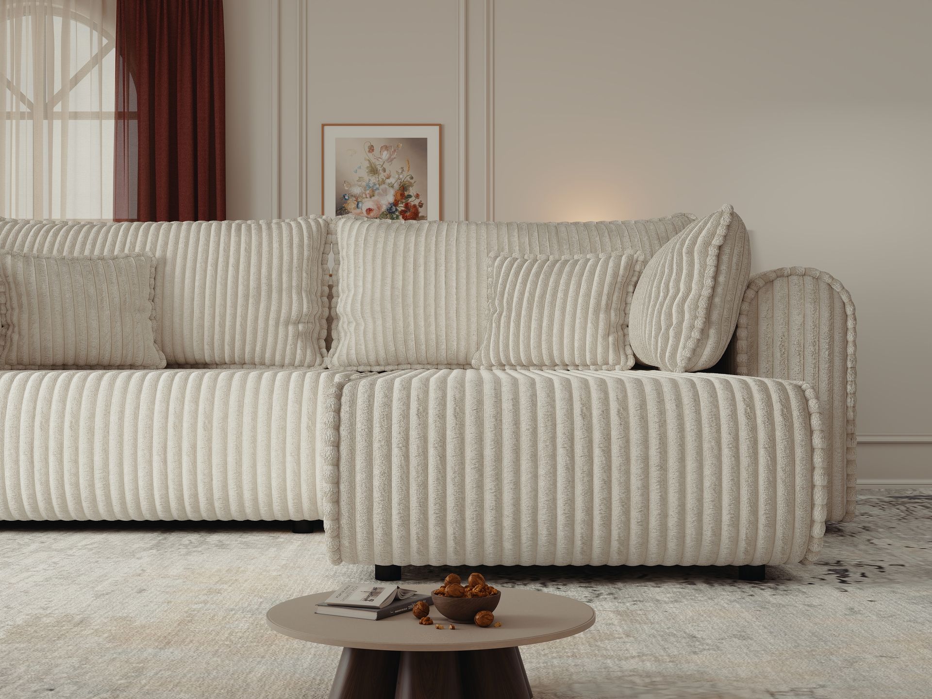 Colțar extensibil dumonde cu ladă de depozitare si sezut confortabil din spuma high-density, Monaco L Tilia Crem II 270x100 cm