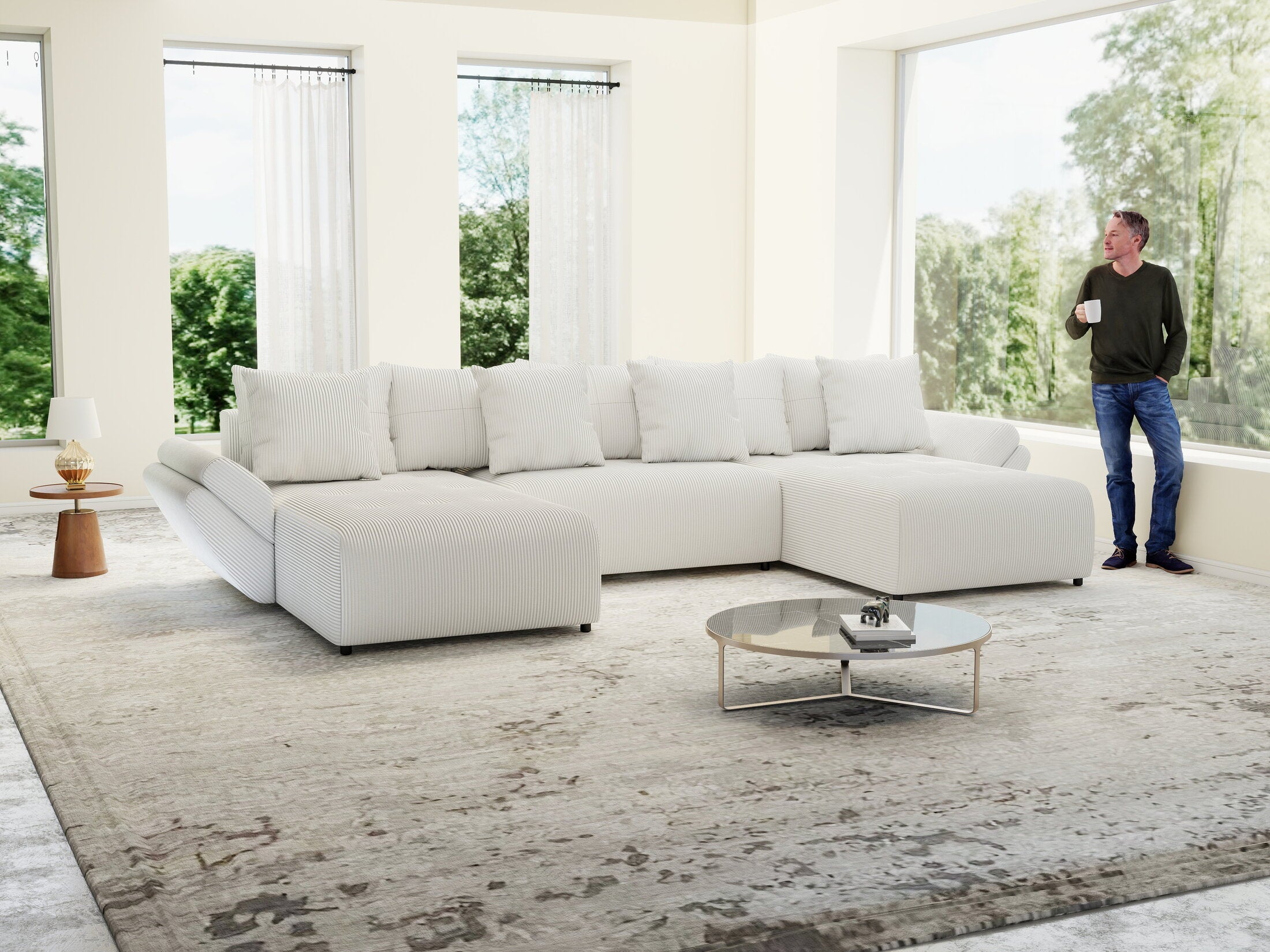 Colțar extensibil dumonde cu ladă de depozitare si sezut confortabil din spuma high-density, Berlin U Zoom Crem 400x185 cm