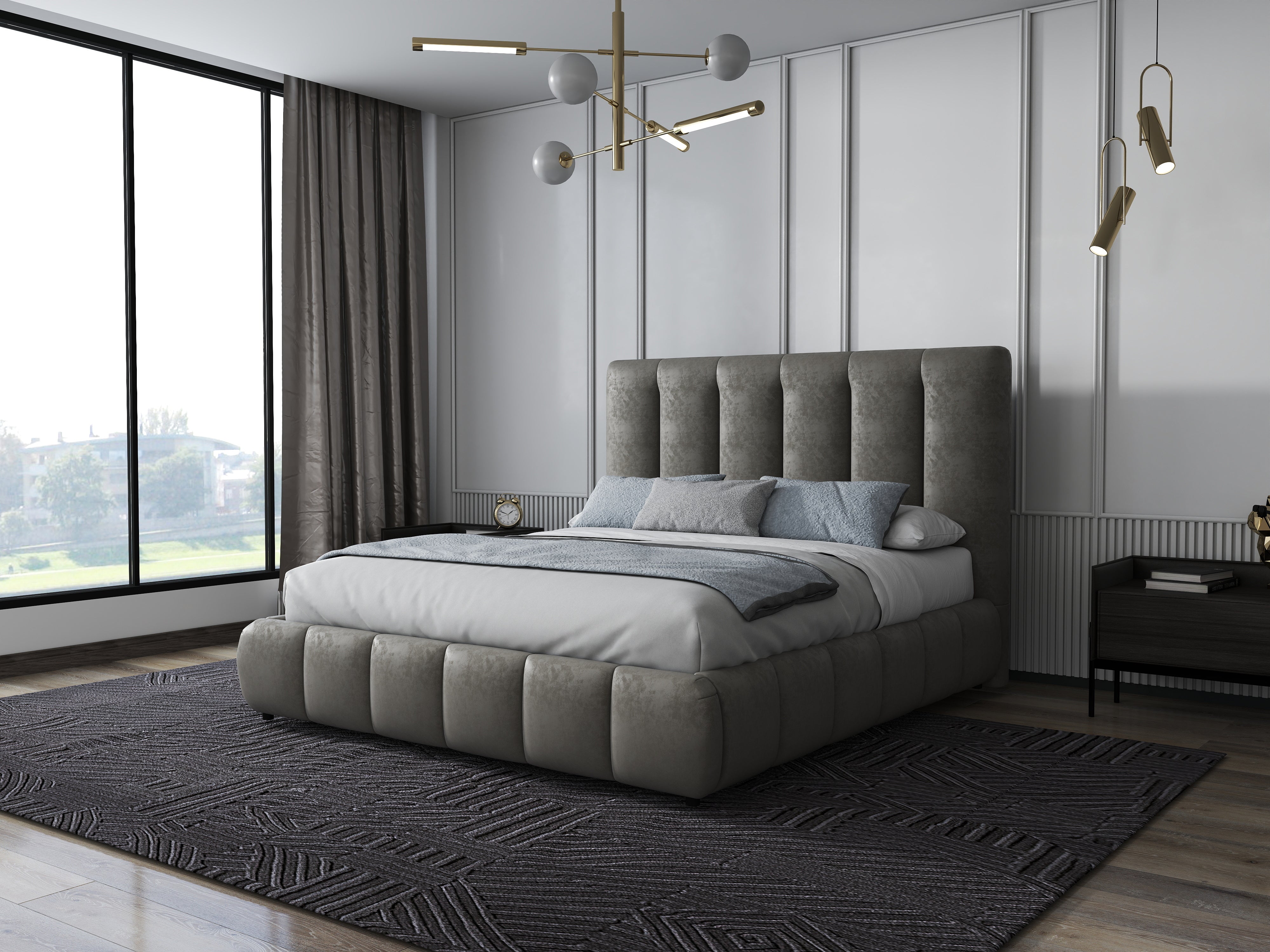 Pat dormitor dumonde, tapitat bej, Divaneo 140x200 cm, somiera rabatabila inclusa, spatiu depozitare WLS