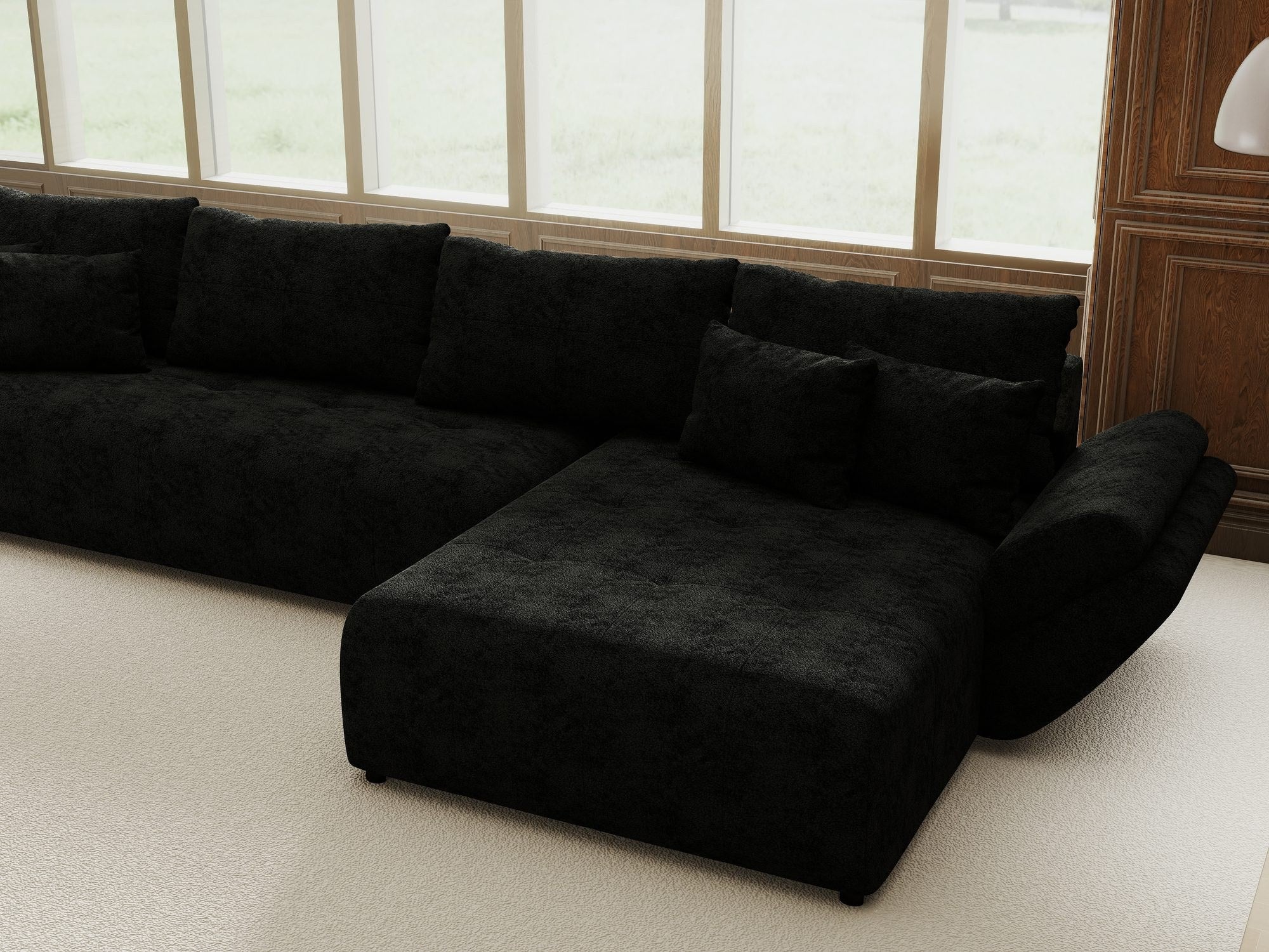 Colțar extensibil dumonde cu ladă de depozitare si sezut confortabil din spuma high-density, Berlin XL Quelle Negru 100 II 350x185 cm